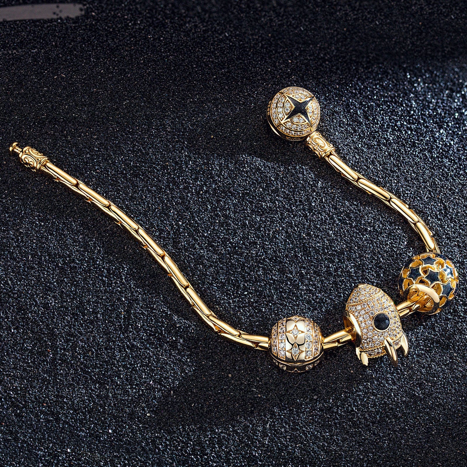 Sterling Silver Spaceship and Polaris Bamboo Chain Charms Bracelet Set With Enamel In 14K Gold Plated (Includes bracelet and all charms shown) - Image 2