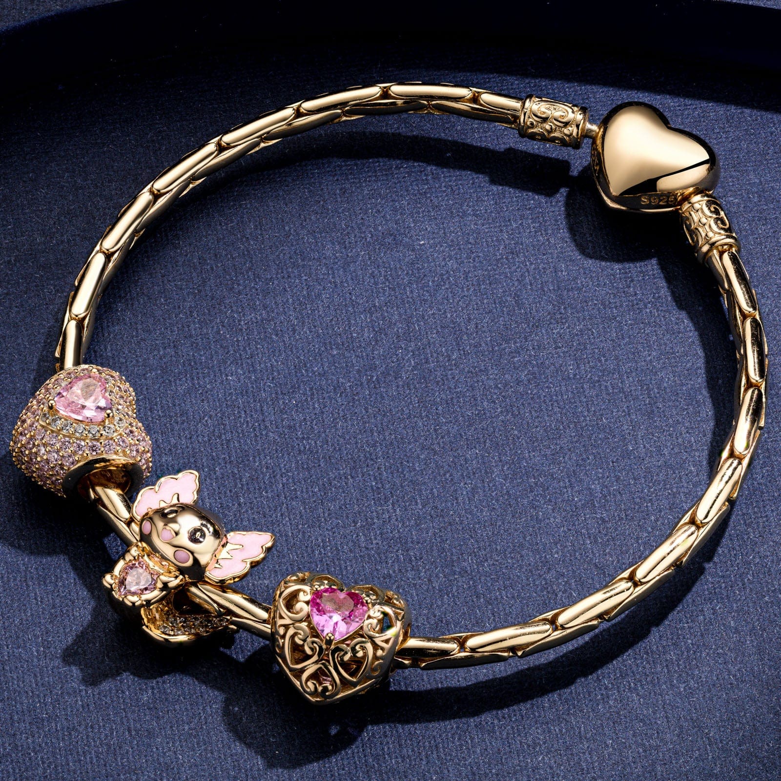 Sterling Silver Axolotl Heart October Birthstone Charms Bracelet Set With Enamel In 14K Gold Plated (Includes bracelet and all charms shown)