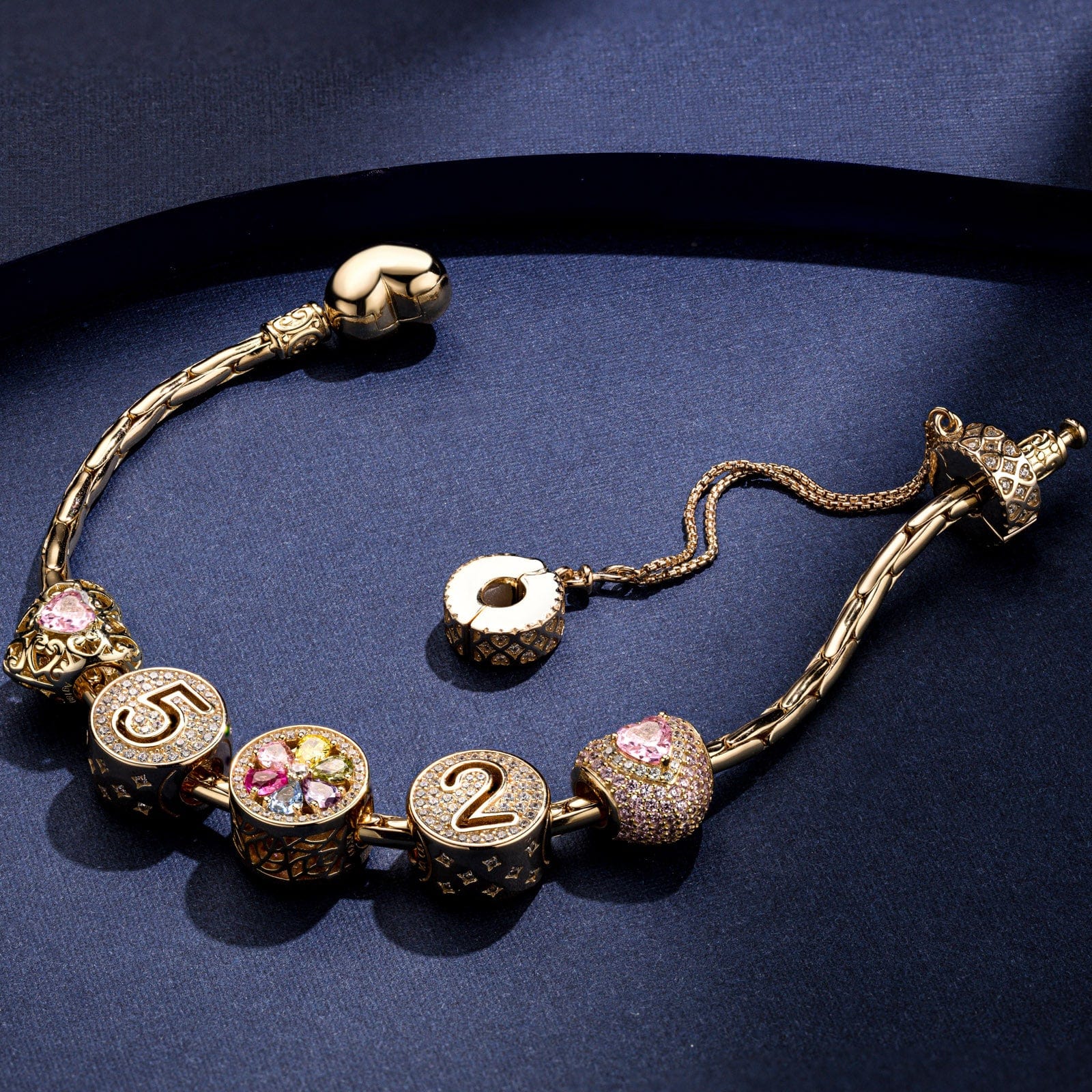 Sterling Silver Romantic Heart October Birthstone Charms Bracelet Set In 14K Gold Plated (Includes bracelet and all charms shown) - Image 3