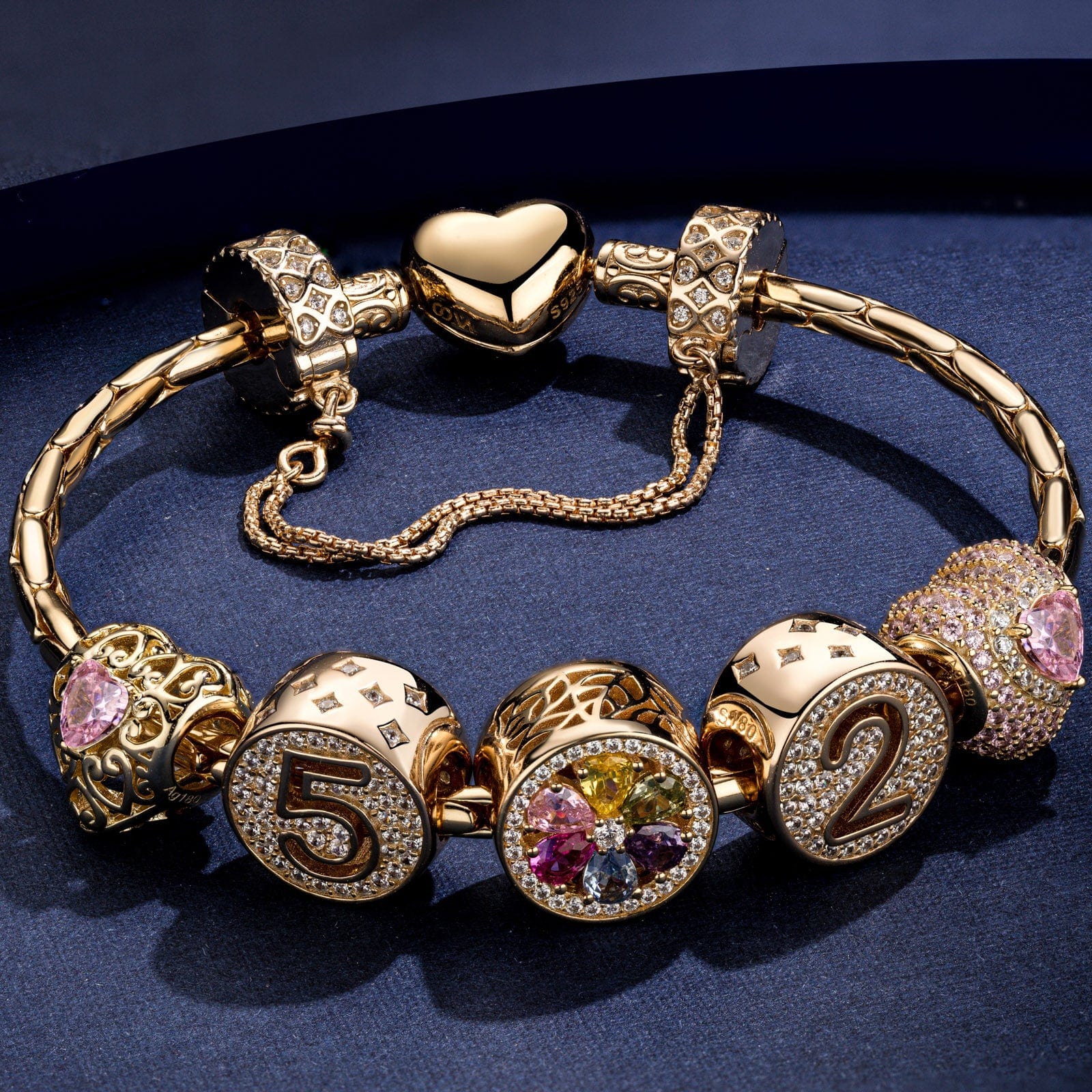 Sterling Silver Romantic Heart October Birthstone Charms Bracelet Set In 14K Gold Plated (Includes bracelet and all charms shown) - Image 2