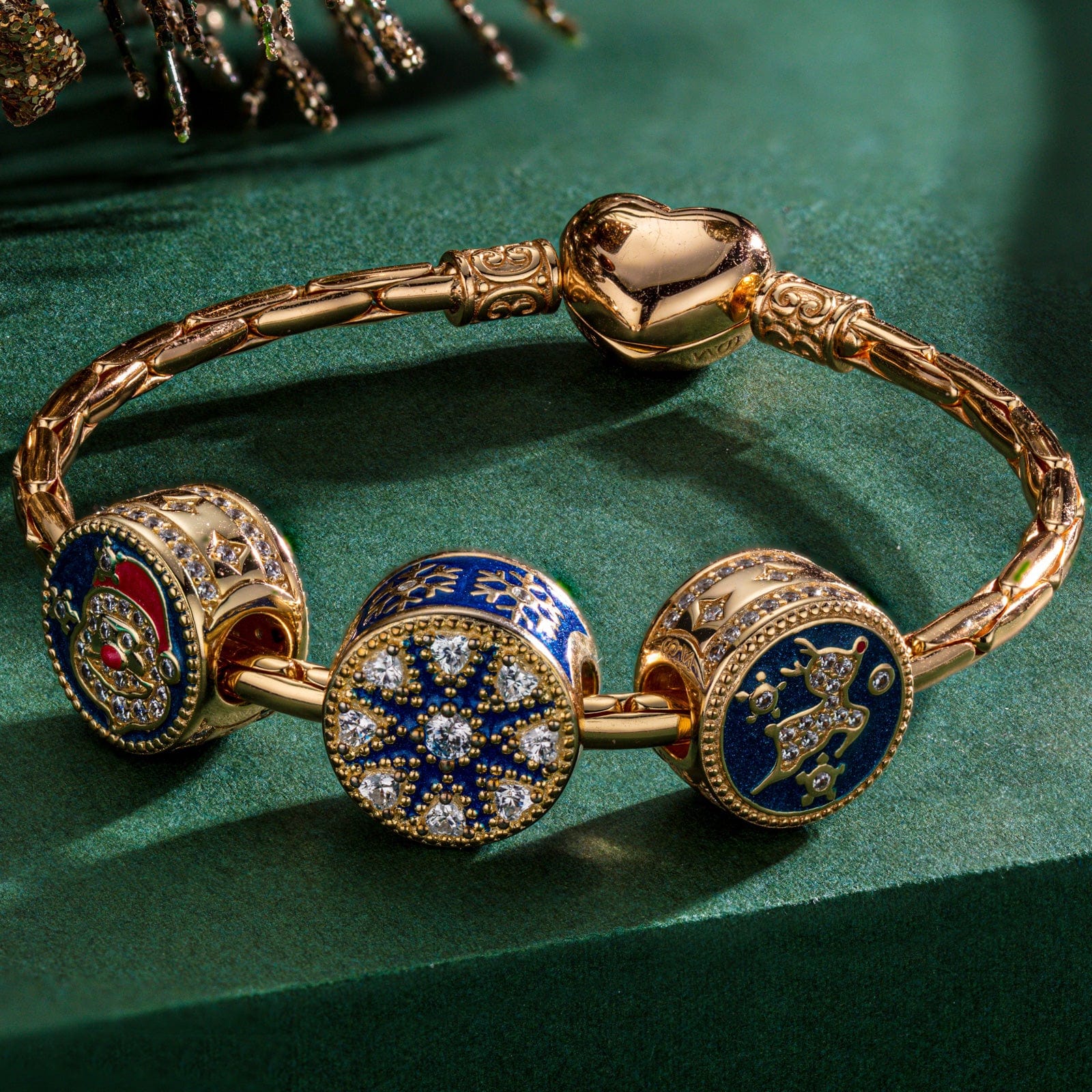 Sterling Silver Snowy Santa Charms Bracelet Set With Enamel In 14K Gold Plated (Includes bracelet and all charms shown) - Image 3