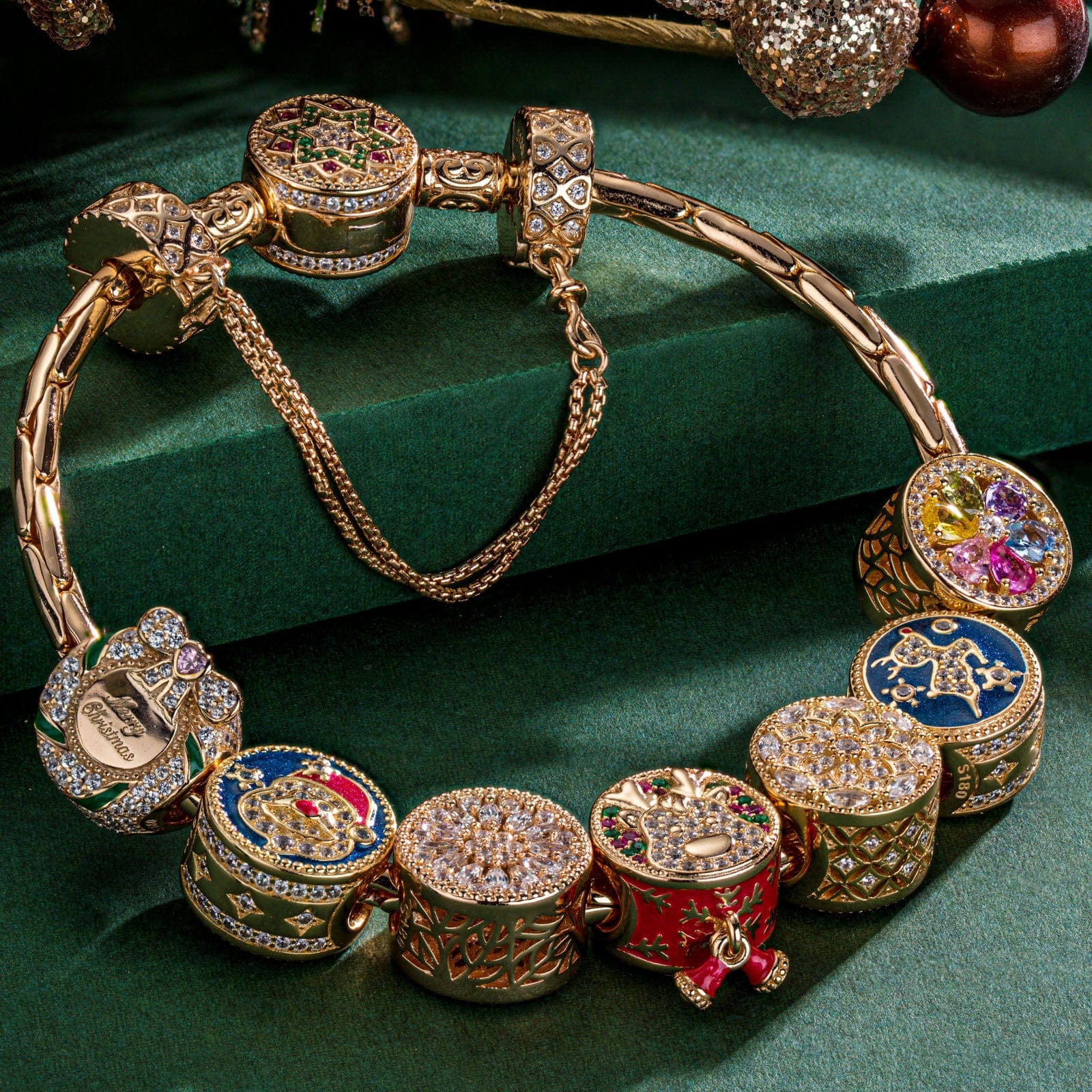 Sterling Silver Jolly Christmas Charms Bracelet Set With Enamel In 14K Gold Plated (Includes bracelet and all charms shown) - Image 4