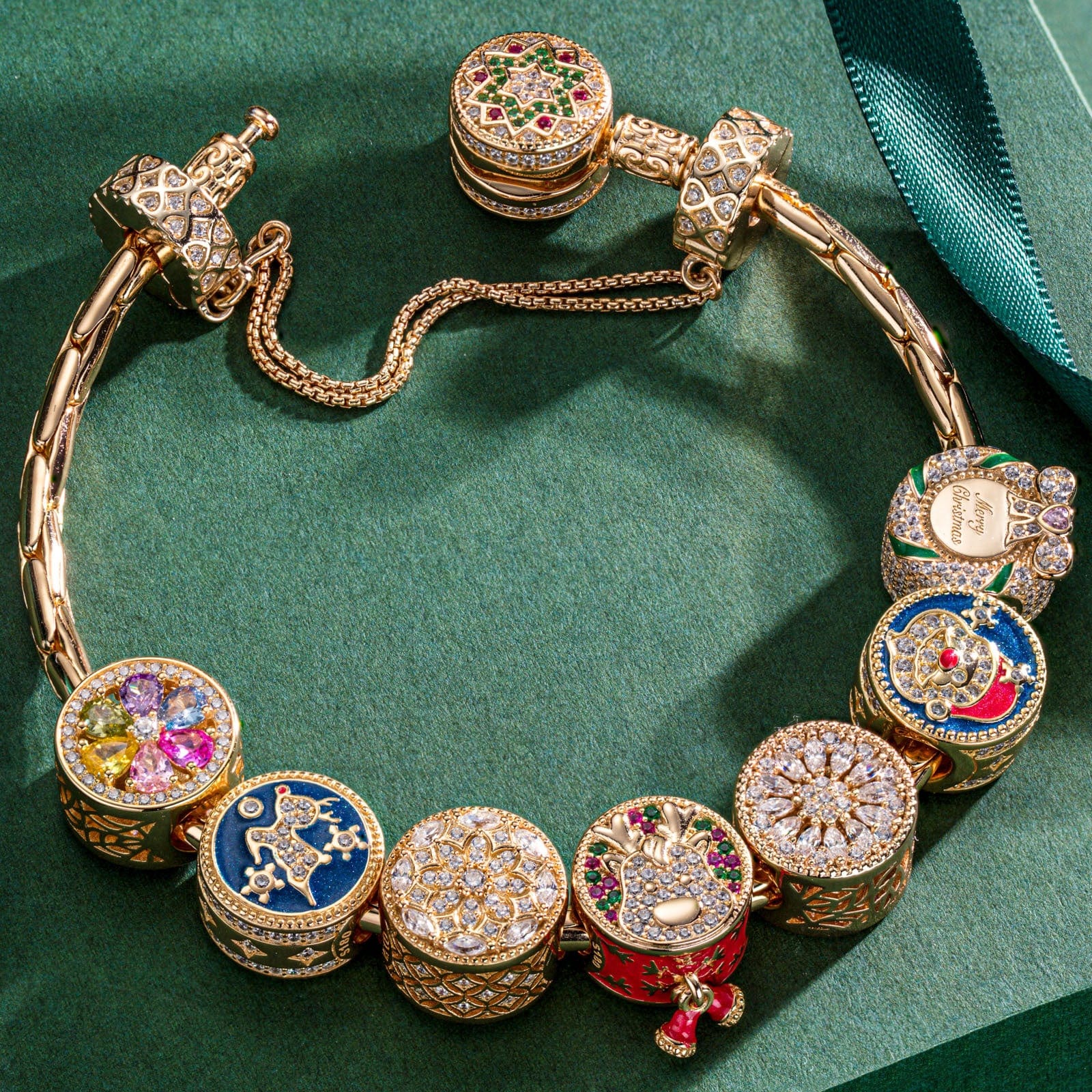 Sterling Silver Jolly Christmas Charms Bracelet Set With Enamel In 14K Gold Plated (Includes bracelet and all charms shown) - Image 5