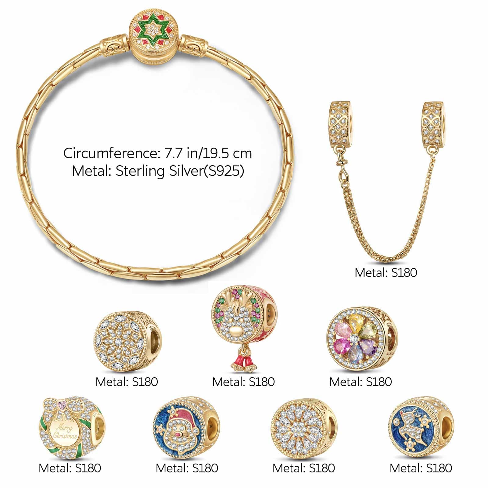 Sterling Silver Jolly Christmas Charms Bracelet Set With Enamel In 14K Gold Plated (Includes bracelet and all charms shown) - Image 2