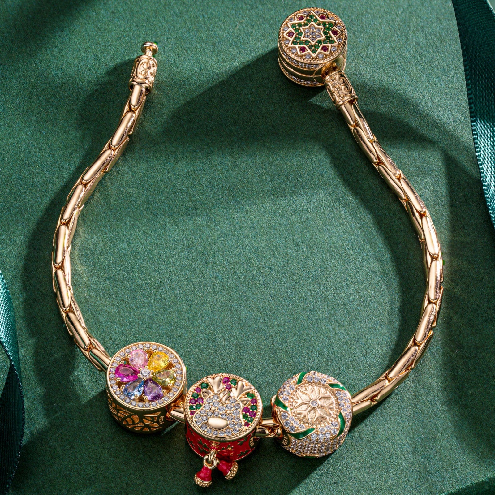 Sterling Silver Christmas Reindeer Charms Bracelet Set With Enamel In 14K Gold Plated (Includes bracelet and all charms shown) - Image 3