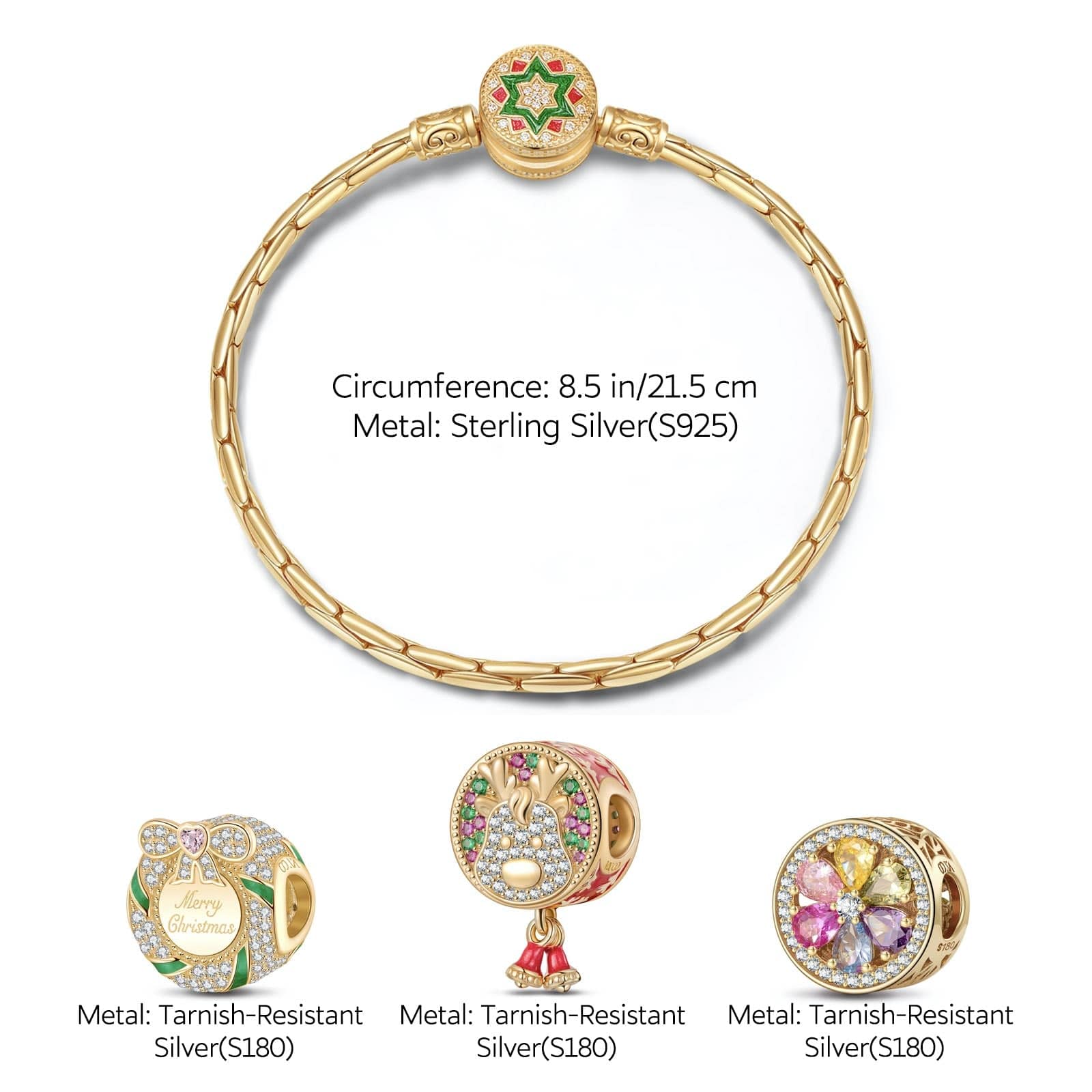 Sterling Silver Christmas Reindeer Charms Bracelet Set With Enamel In 14K Gold Plated (Includes bracelet and all charms shown) - Image 2