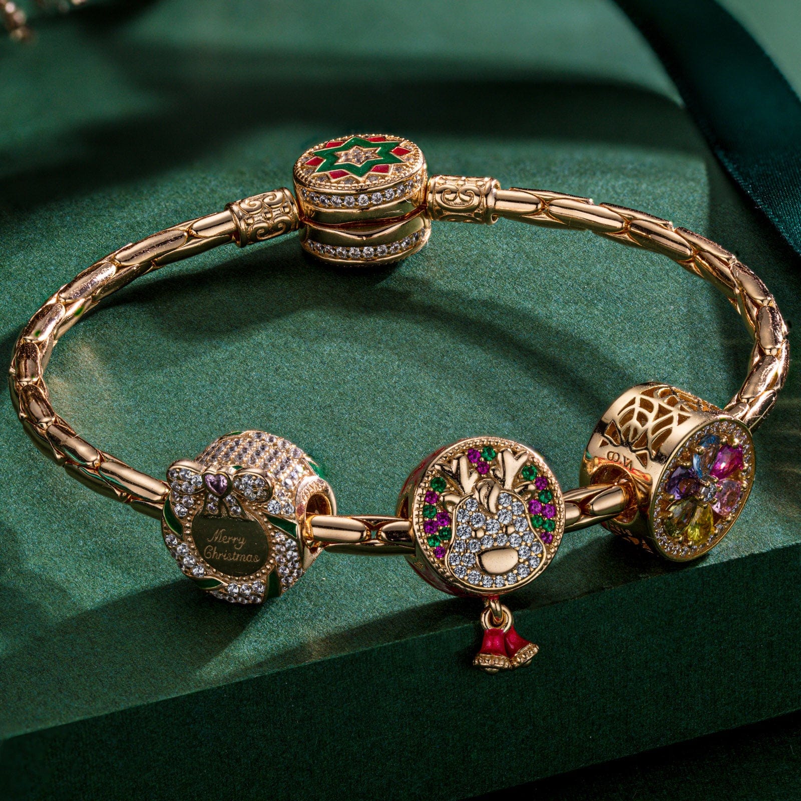 Sterling Silver Christmas Reindeer Charms Bracelet Set With Enamel In 14K Gold Plated (Includes bracelet and all charms shown) - Image 4