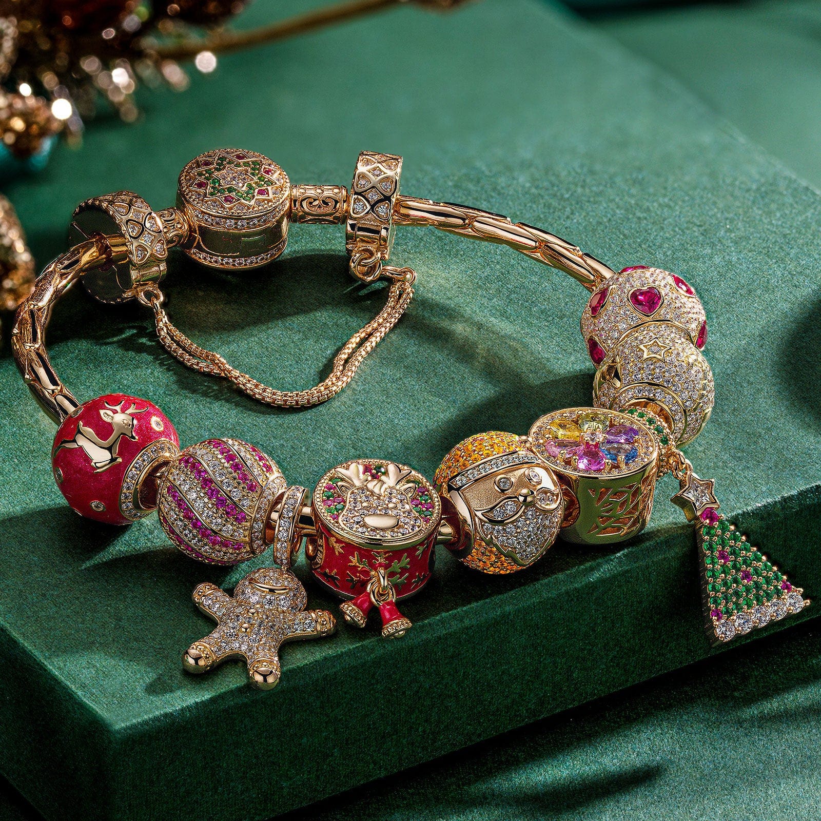 Christmas Sale Limited Special - Sterling Silver Festive Feasts Charms Bracelet Set With Enamel In 14K Gold Plated (Includes bracelet and all charms shown) - Image 2