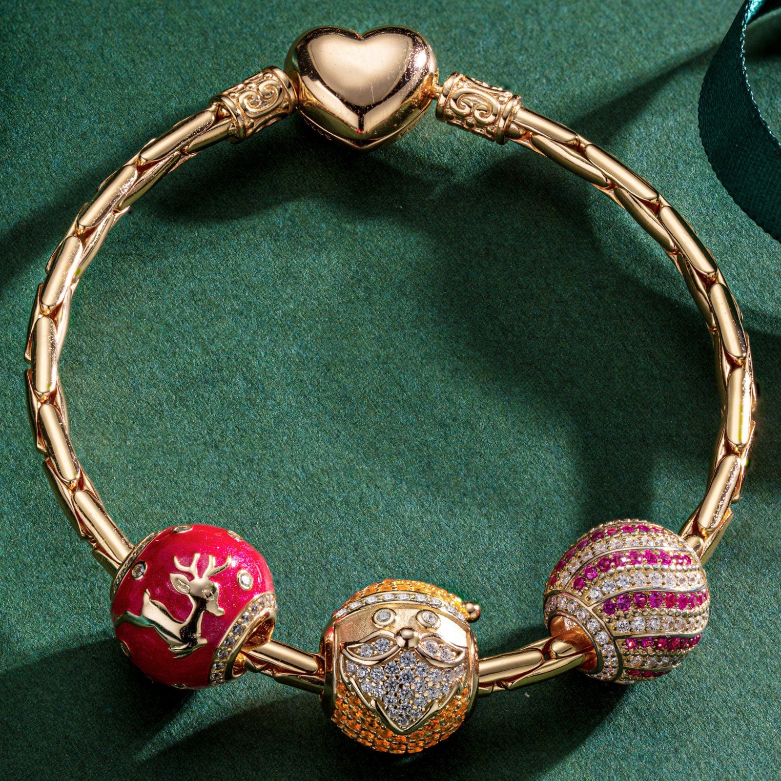Sterling Silver Santa Claus and Reindeer Charms Bracelet Set With Enamel In 14K Gold Plated (Includes bracelet and all charms shown) - Image 2