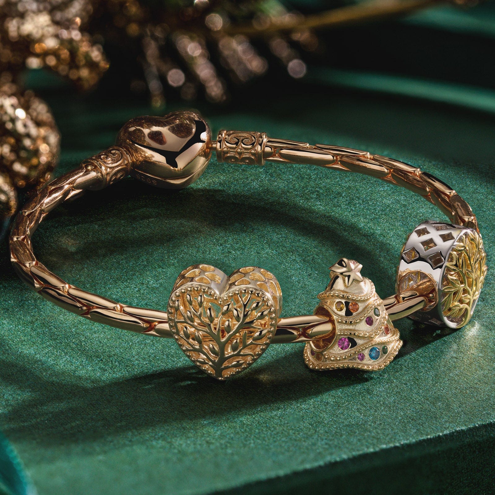 Sterling Silver Tree of Life and Jingle Bells Charms Bracelet Set In 14K Gold Plated (Includes bracelet and all charms shown) - Image 2