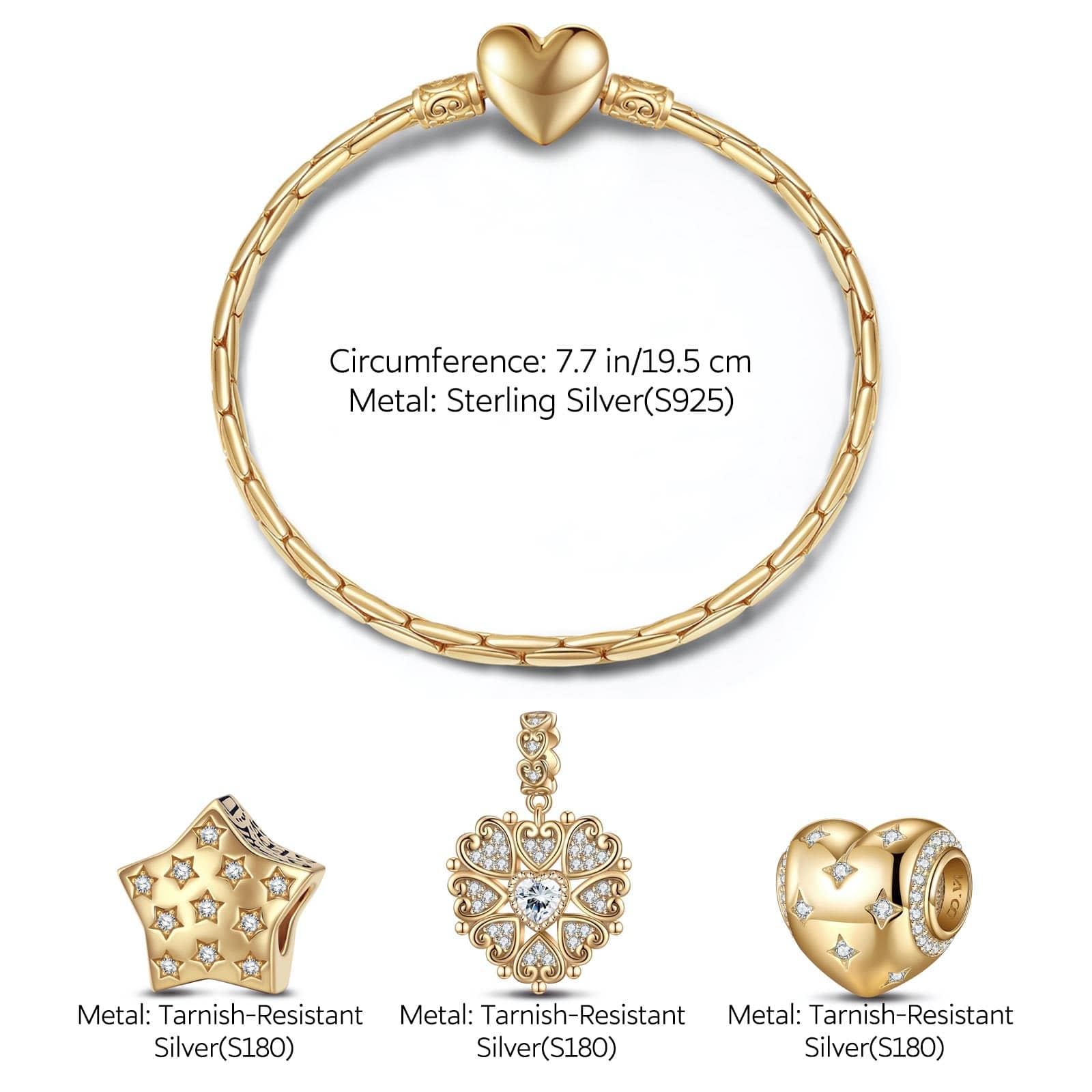 Sterling Silver Starlight Love Charms Bracelet Set In 14K Gold Plated (Includes bracelet and all charms shown) - Image 3