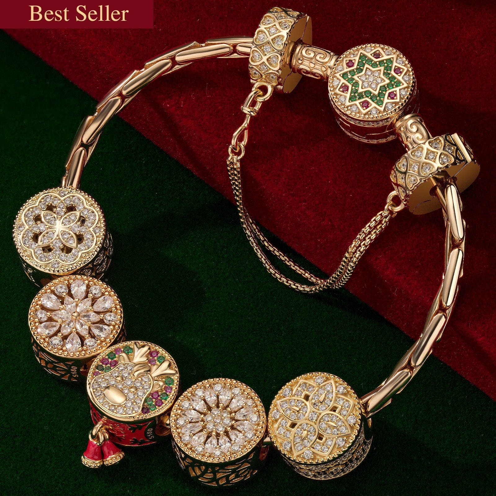 Sterling Silver Snowflake Wonderland Charms Bracelet Set In 14K Gold Plated (Includes bracelet and all charms shown)