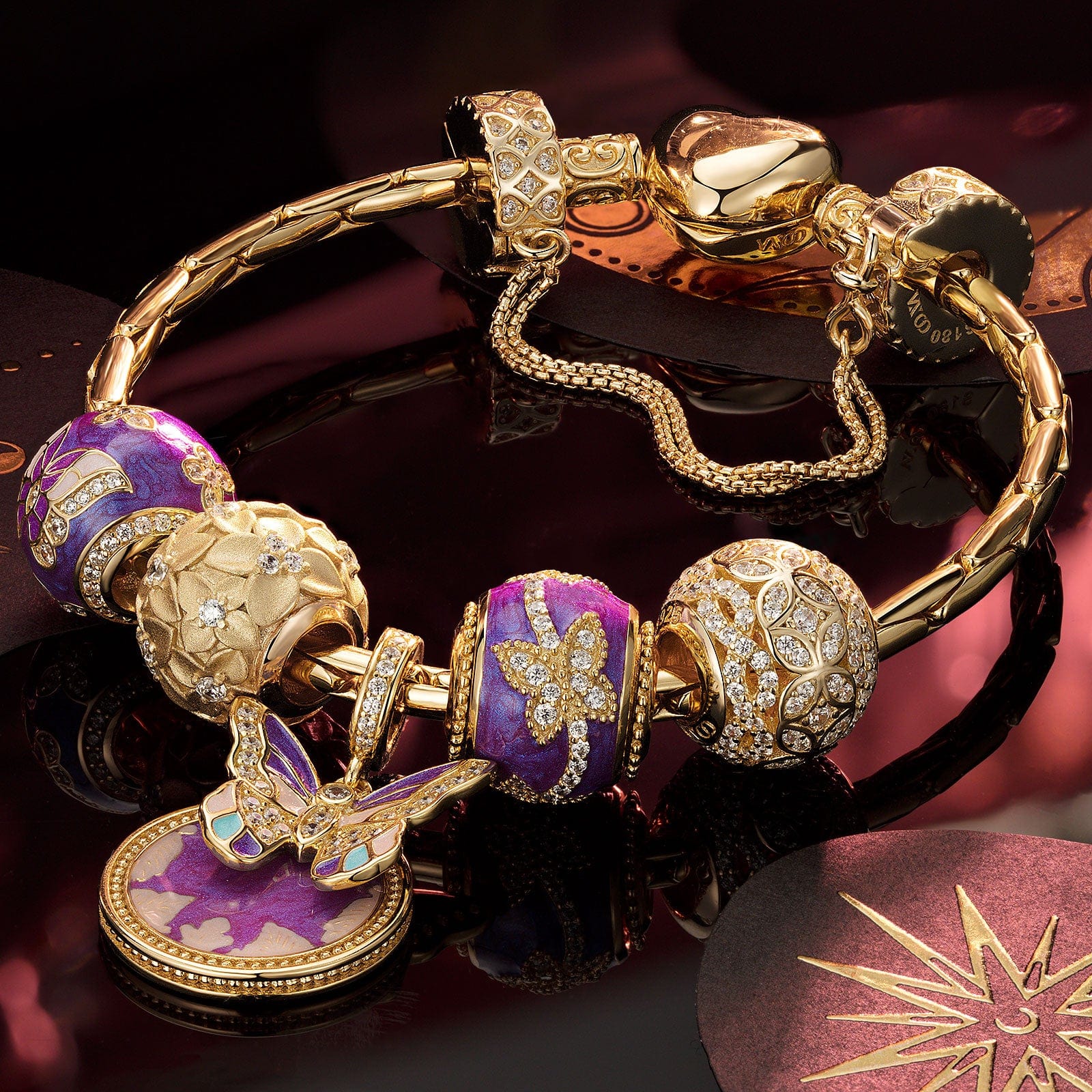 Sterling Silver Whispering Flower Dreams Charms Bracelet Set With Enamel In 14K Gold Plated (Includes bracelet and all charms shown) - Image 7