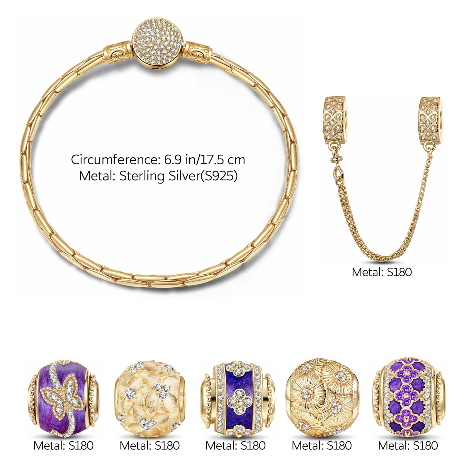 Sterling Silver Enchanting Floral Paradise Charms Bracelet Set With Enamel In 14K Gold Plated (Includes bracelet and all charms shown) - Image 3