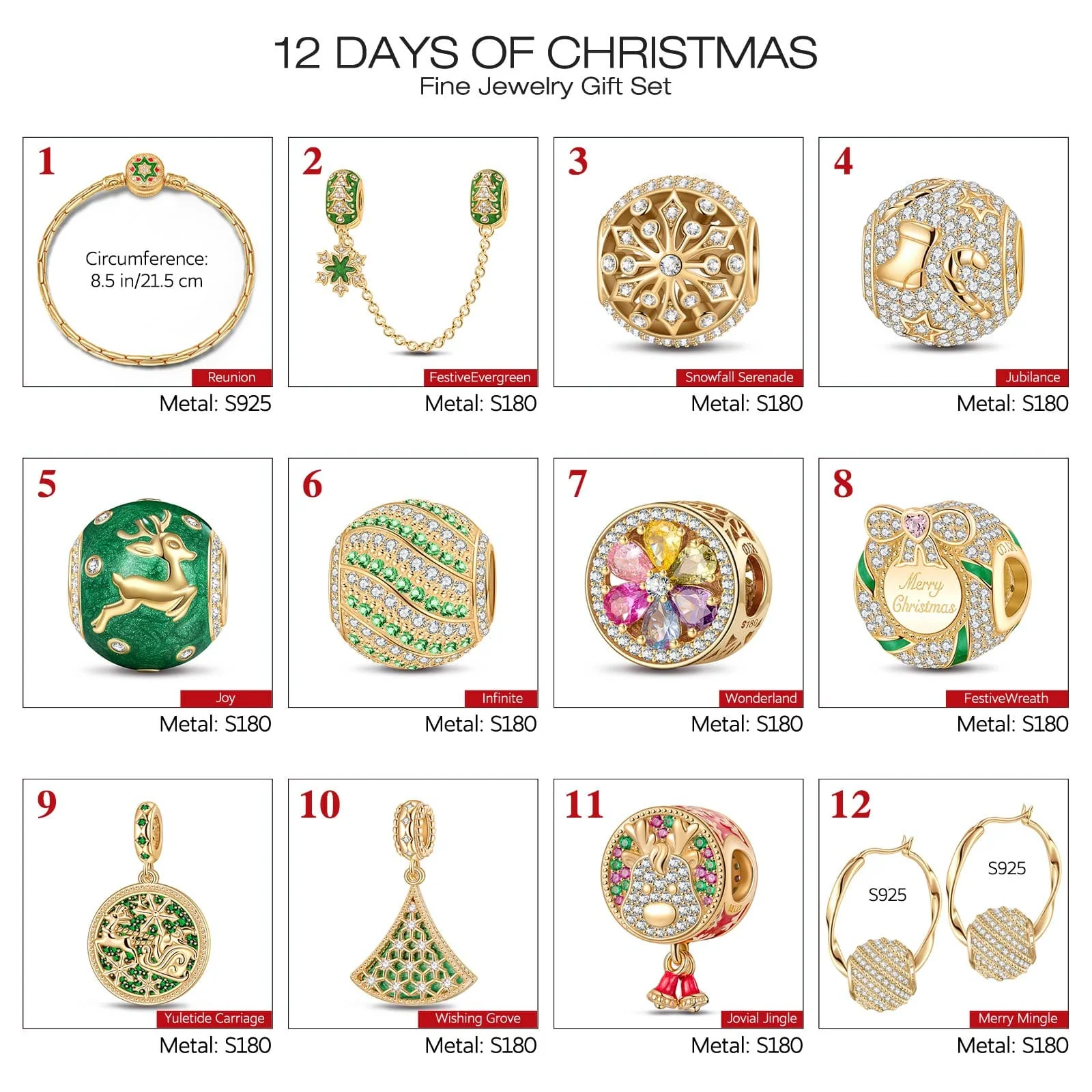 The Iconic Advent Calendar - 12 Days of Christmas Fine Jewelry Gift Set: Sterling Silver Christmas Green Earrings and Charms Bracelet Set With Enamel In 14K Gold Plated - Image 2
