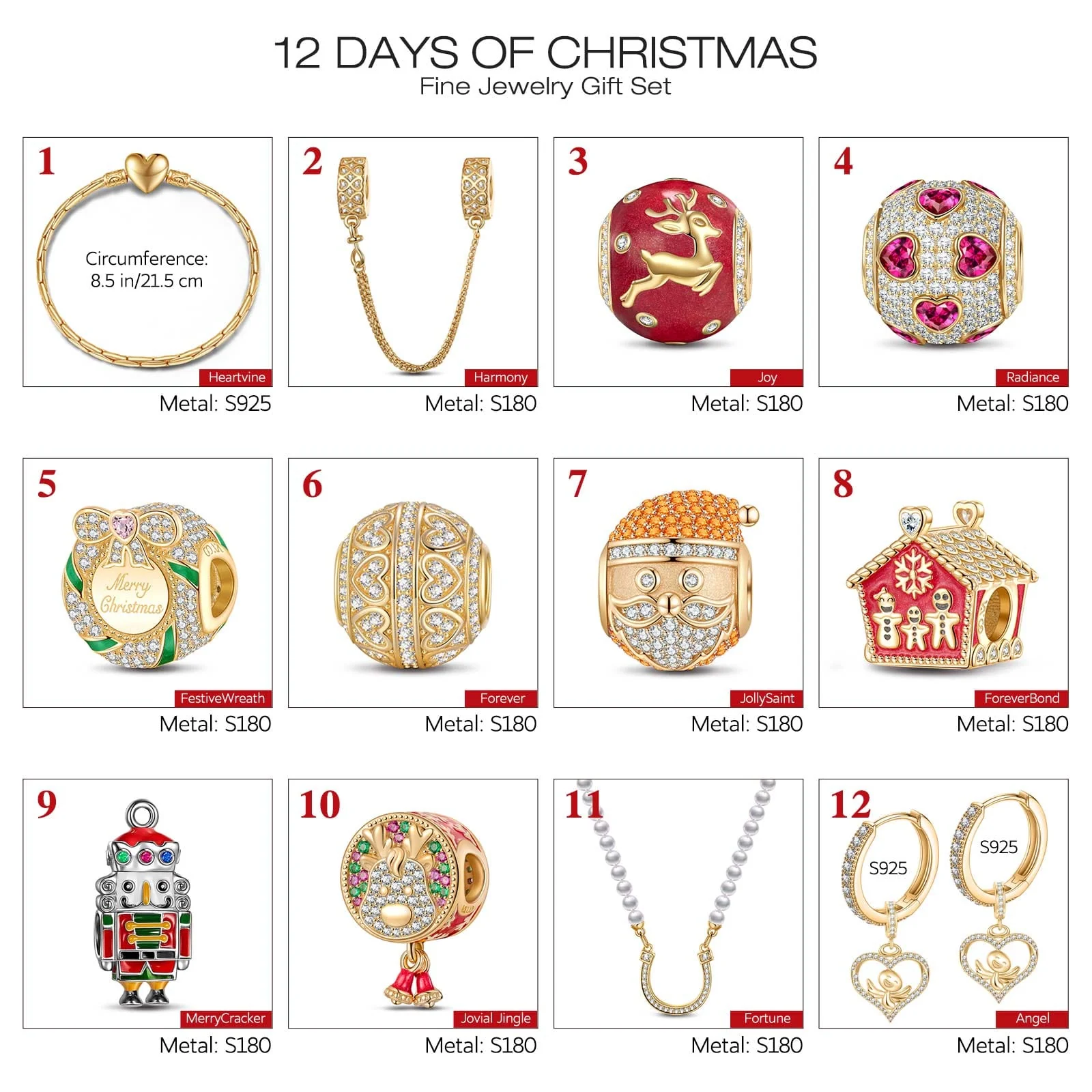 The Iconic Advent Calendar - 12 Days of Christmas Fine Jewelry Gift Set: Sterling Silver Christmas Red Earrings and Charms Bracelet Set With Enamel and Necklace In 14K Gold Plated - Image 2