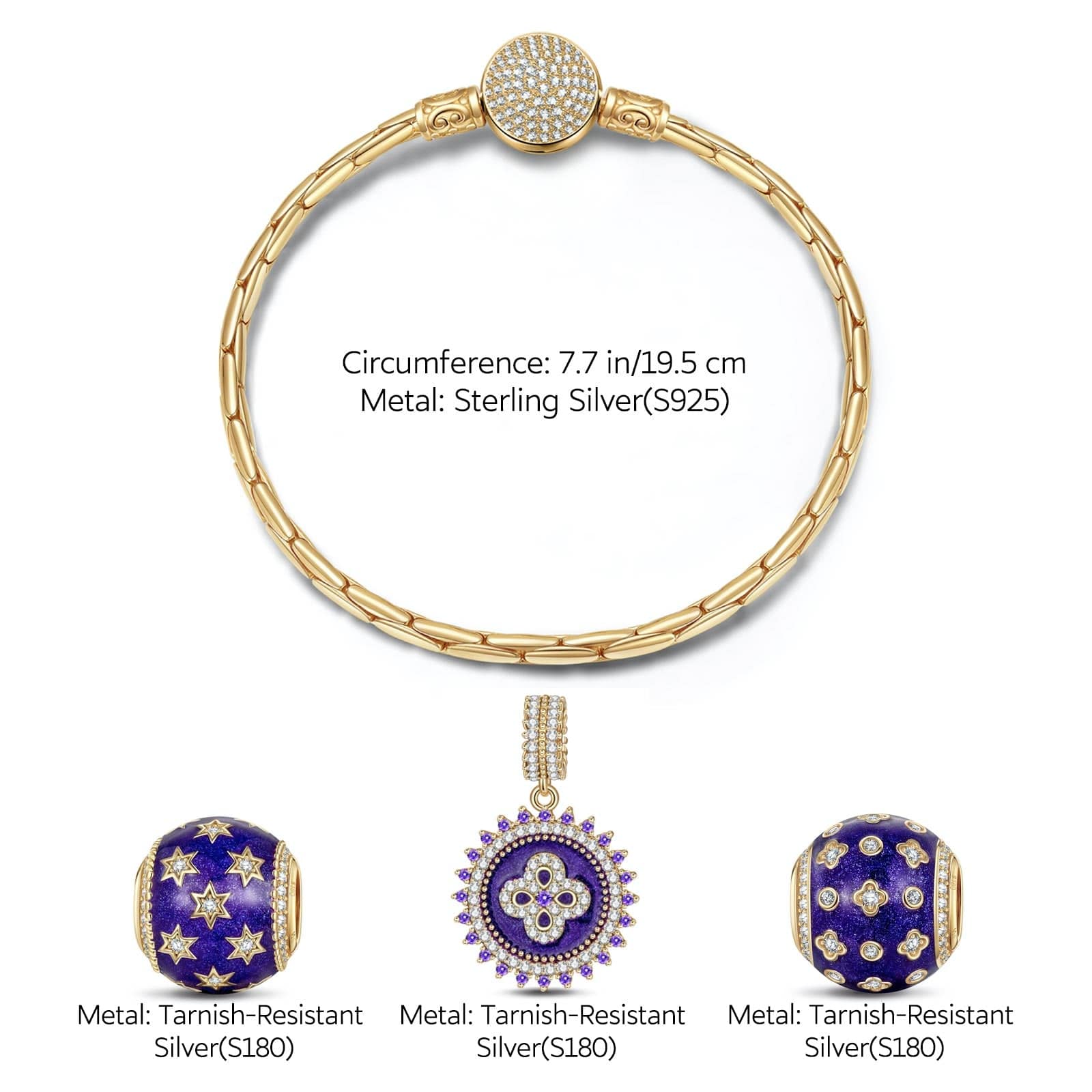 Sterling Silver Starlight Clover Charms Bracelet Set With Enamel In 14K Gold Plated (Includes bracelet and all charms shown) - Image 3