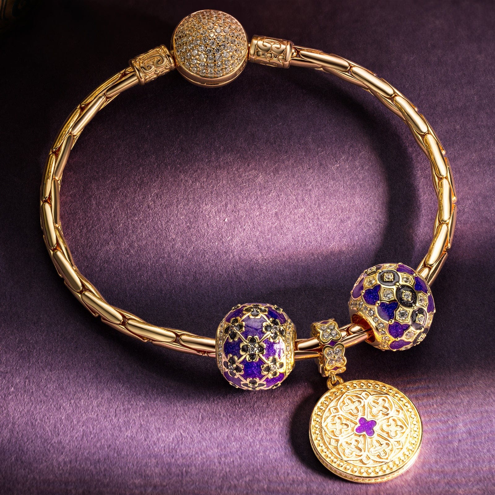 Sterling Silver The Purple Flower Sea Charms Bracelet Set With Enamel In 14K Gold Plated (Includes bracelet and all charms shown) - Image 2