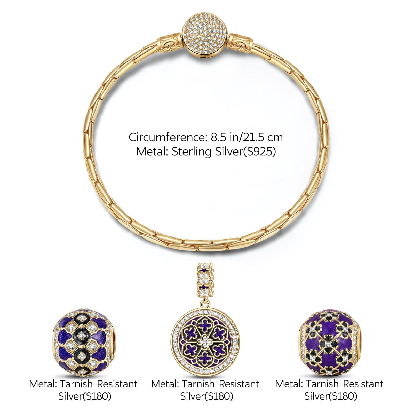 Sterling Silver The Purple Flower Sea Charms Bracelet Set With Enamel In 14K Gold Plated (Includes bracelet and all charms shown) - Image 3