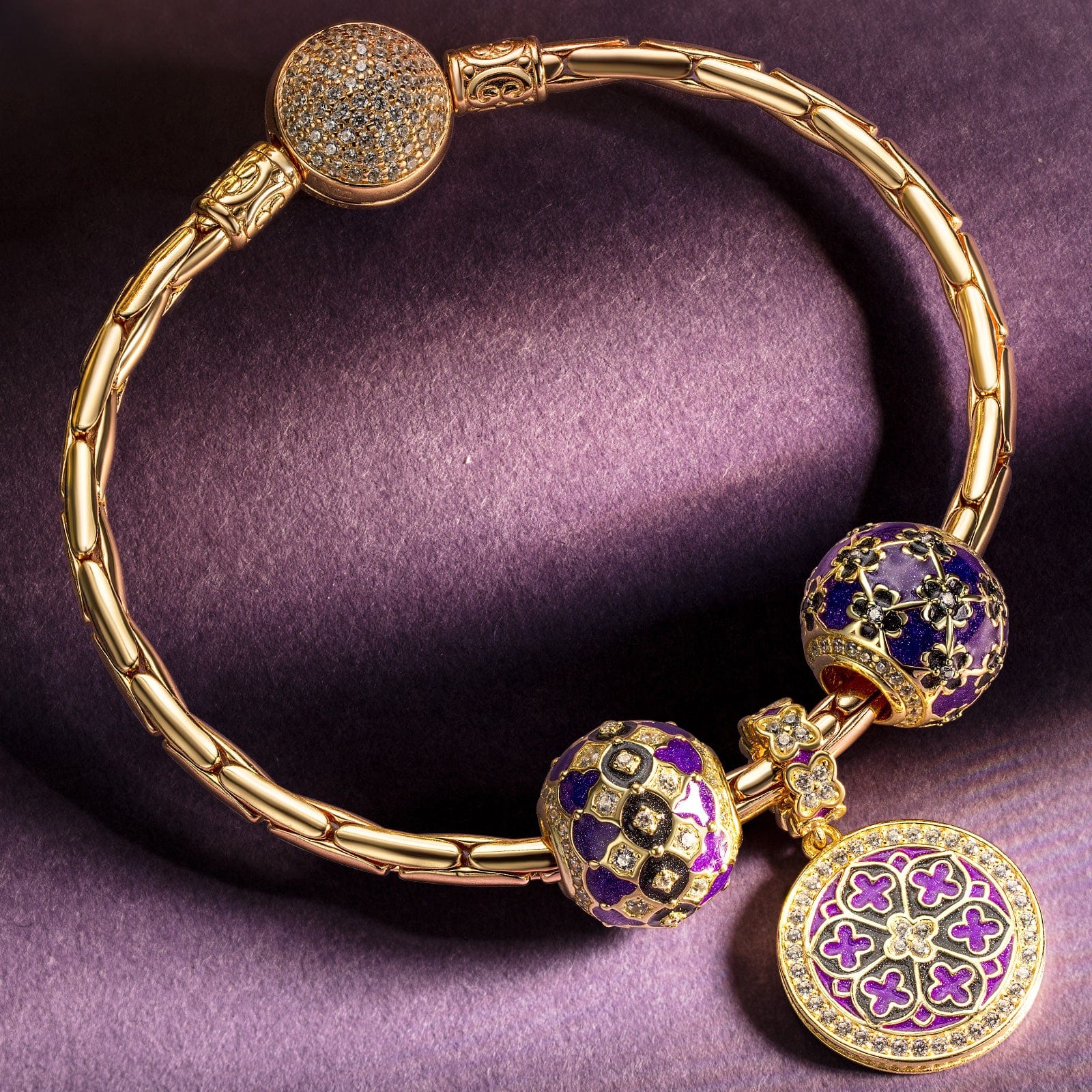 Sterling Silver The Purple Flower Sea Charms Bracelet Set With Enamel In 14K Gold Plated (Includes bracelet and all charms shown) - Image 7
