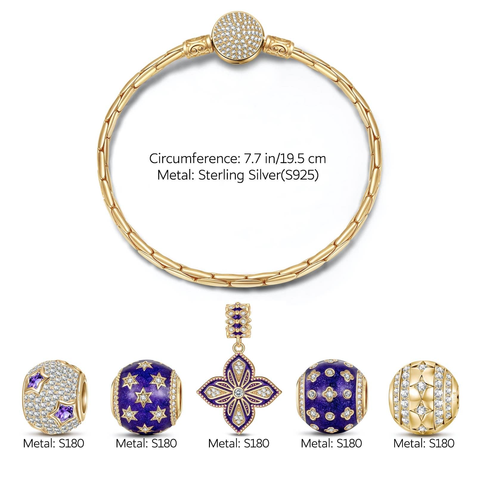 Sterling Silver Stars and Clover Charms Bracelet Set With Enamel In 14K Gold Plated (Includes bracelet and all charms shown) - Image 3