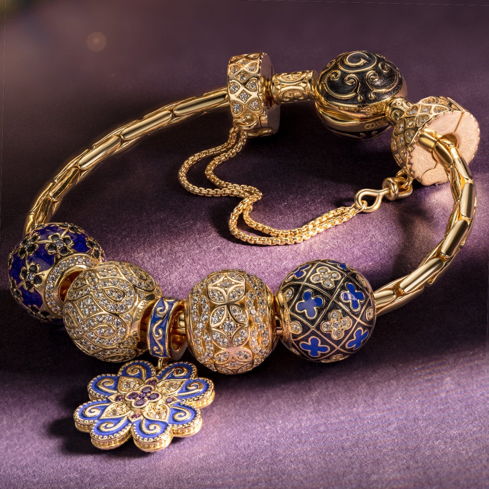 Sterling Silver Four-leaf Clover Pattern Charms Bracelet Set With Enamel In 14K Gold Plated (Includes bracelet and all charms shown) - Image 2