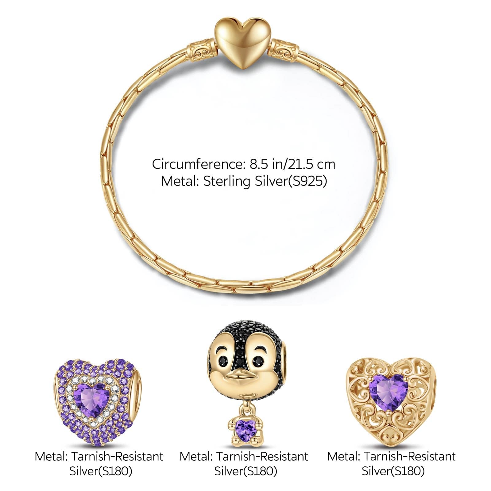 Sterling Silver February Birthstone Embrace the Love Animals Charms Bracelet Set In 14K Gold Plated - Heartful Hugs Collection (Includes bracelet and all charms shown) - Image 3