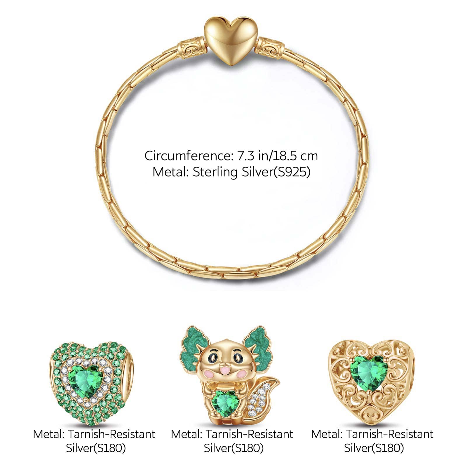 Sterling Silver May Birthstone Embrace the Love Animals Charms Bracelet Set With Enamel In 14K Gold Plated - Heartful Hugs Collection (Includes bracelet and all charms shown) - Image 3