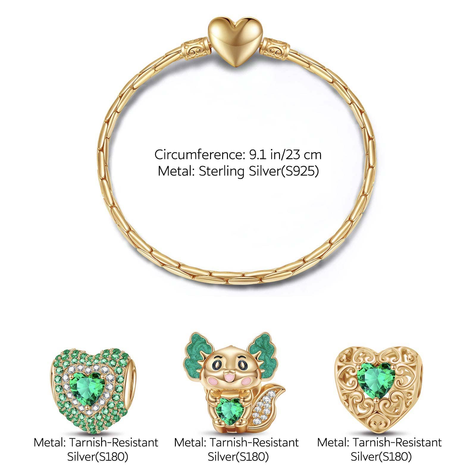 Sterling Silver May Birthstone Embrace the Love Animals Charms Bracelet Set With Enamel In 14K Gold Plated - Heartful Hugs Collection (Includes bracelet and all charms shown) - Image 3