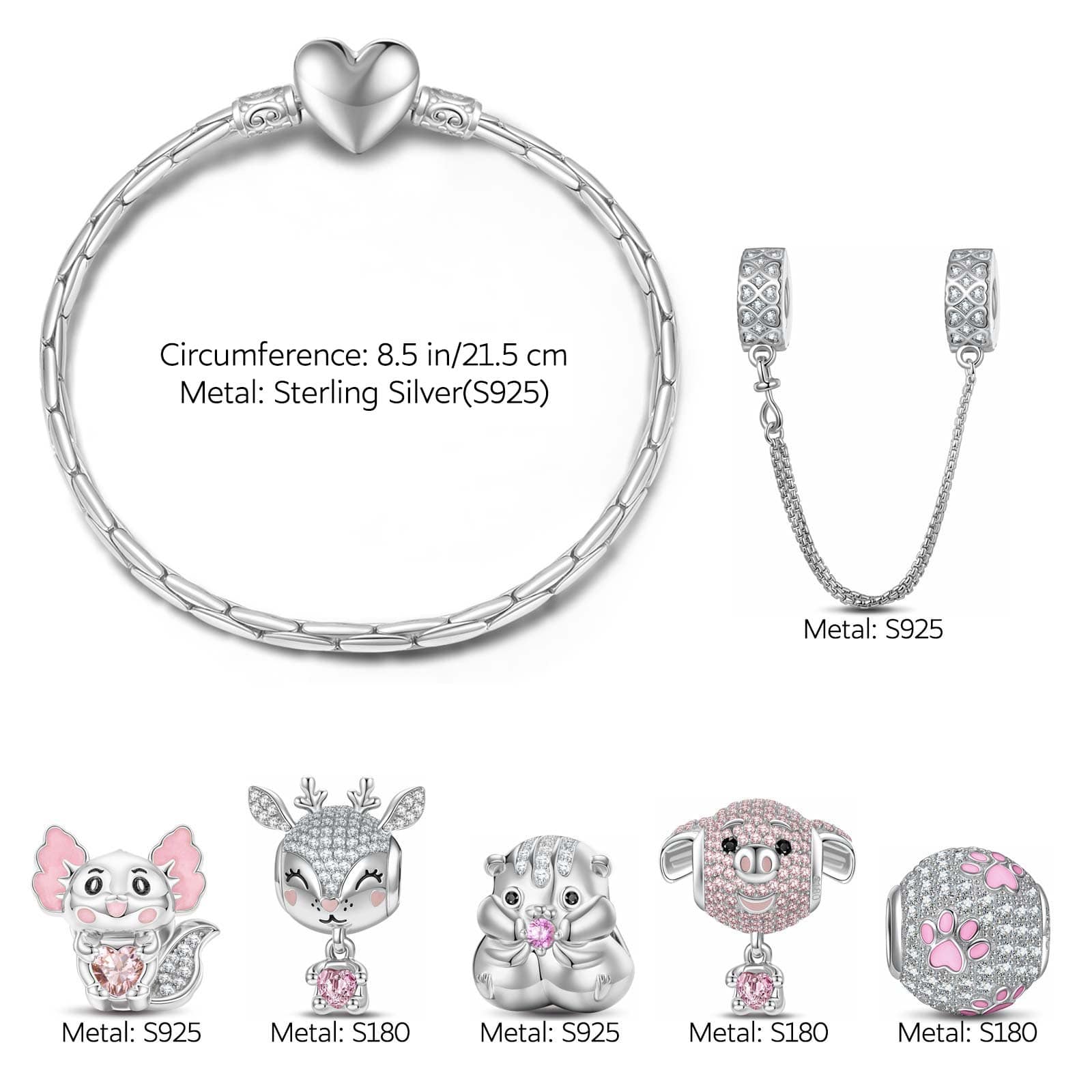 Sterling Silver Fancy Pink Animals Charms Bracelet Set With Enamel In White Gold Plated - Heartful Hugs Collection (Includes bracelet and all charms shown) - Image 3