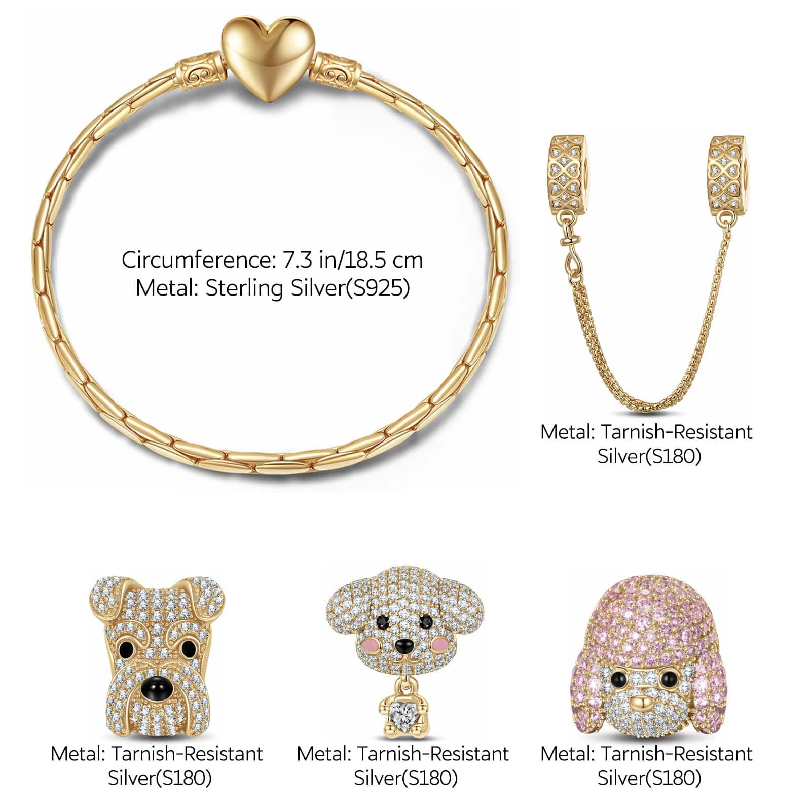 Sterling Silver Enchanting Puppy Bliss Animals Charms Bracelet Set In 14K Gold Plated - Heartful Hugs Collection (Includes bracelet and all charms shown) - Image 3