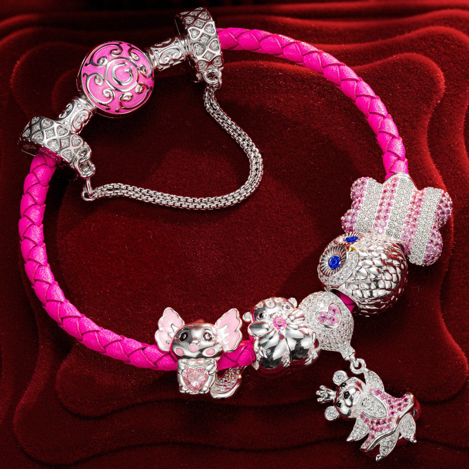 Sterling Silver Cheerful Critter Animals Charms Bracelet Set With Enamel In White Gold Plated (Includes bracelet and all charms shown) - Image 2