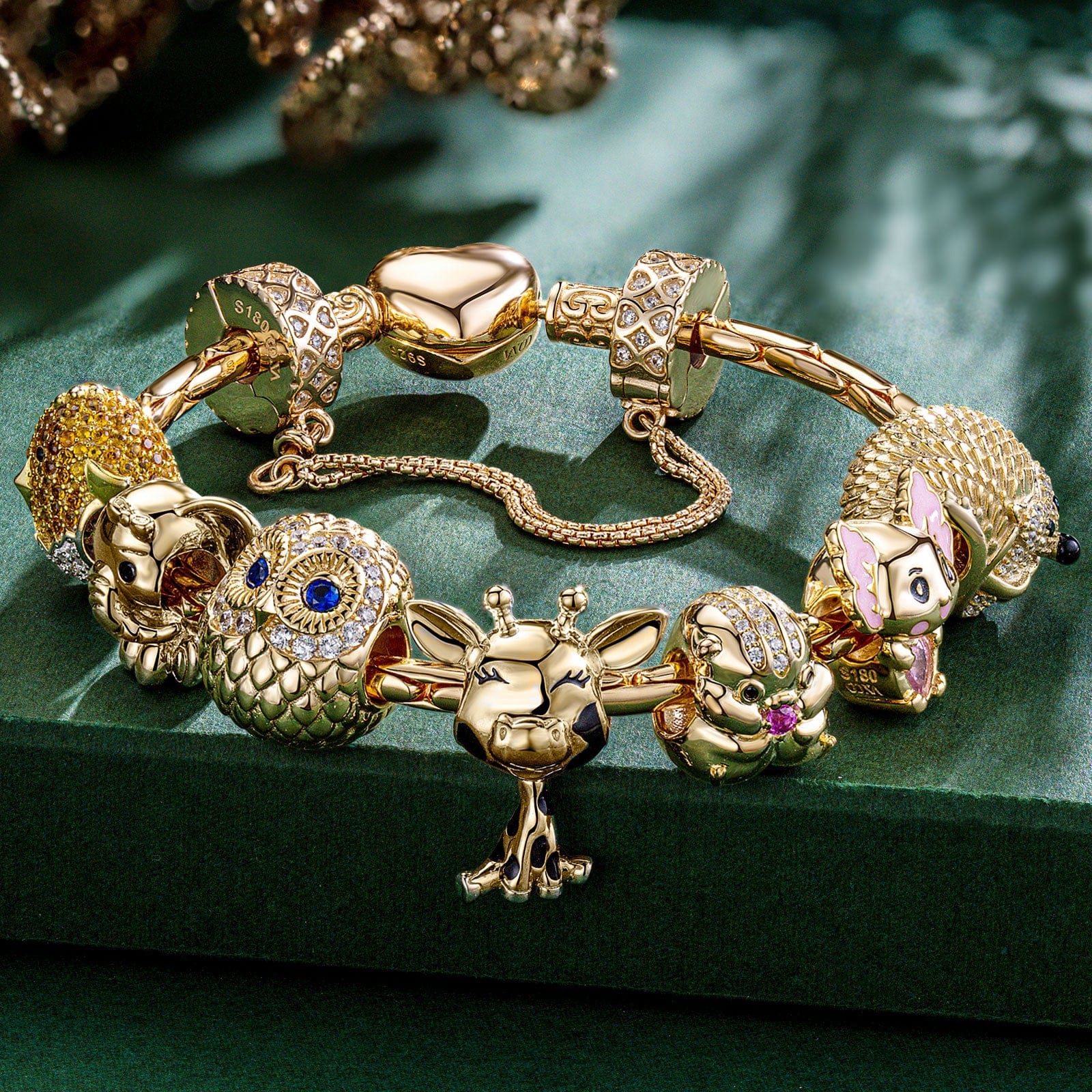 Sterling Silver Innocent Childhood Joy Animals Charms Bracelet Set With Enamel In 14K Gold Plated (Includes bracelet and all charms shown)