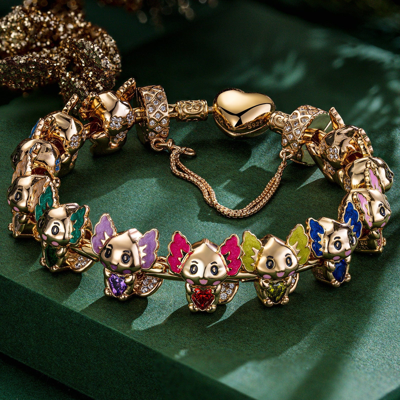 Sterling Silver 12 Month Birthstone Lovely Axolotl Animals Charms Bracelet Set With Enamel In 14K Gold Plated - Heartful Hugs Collection (Includes bracelet and all charms shown) - Image 2