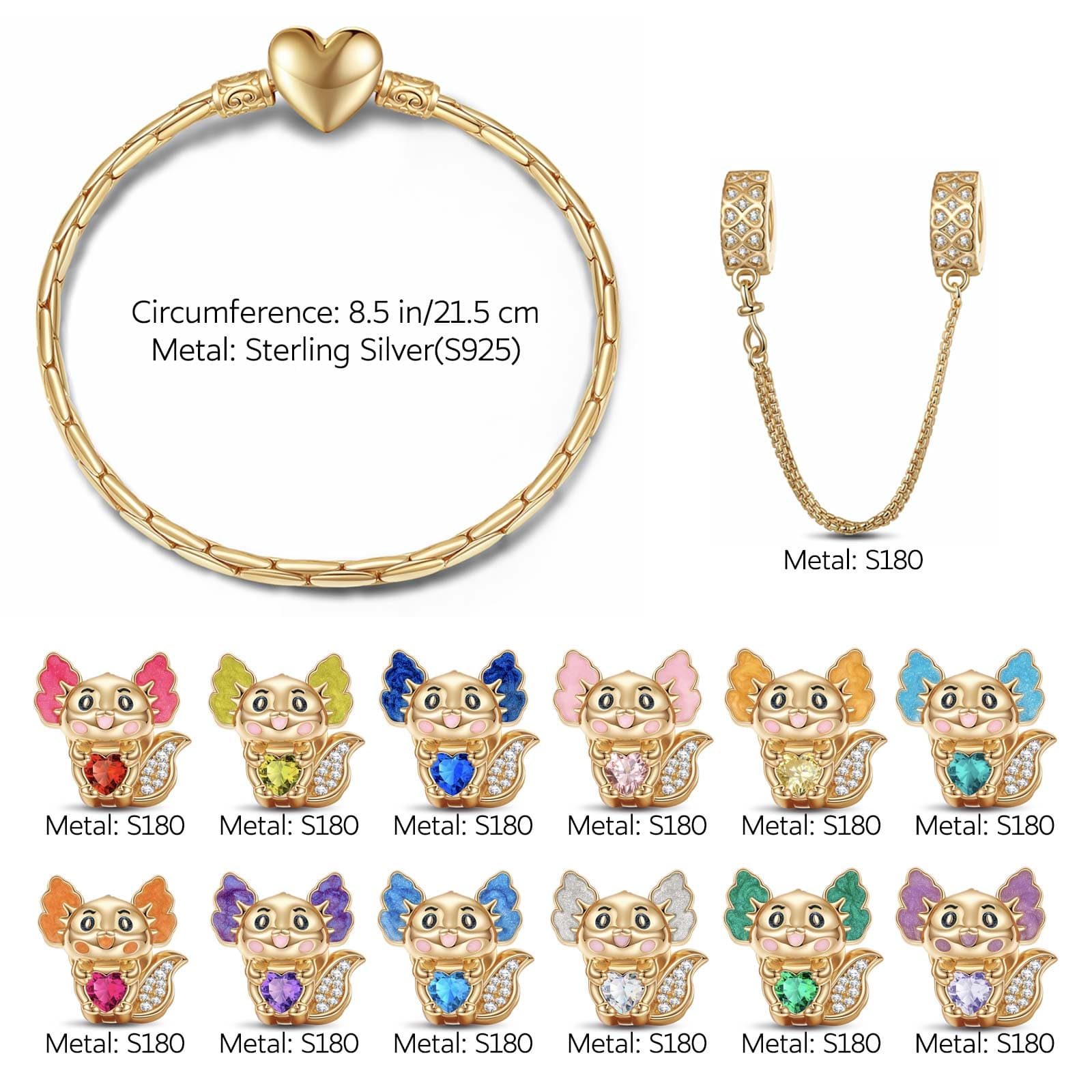 Sterling Silver 12 Month Birthstone Lovely Axolotl Animals Charms Bracelet Set With Enamel In 14K Gold Plated - Heartful Hugs Collection (Includes bracelet and all charms shown) - Image 3