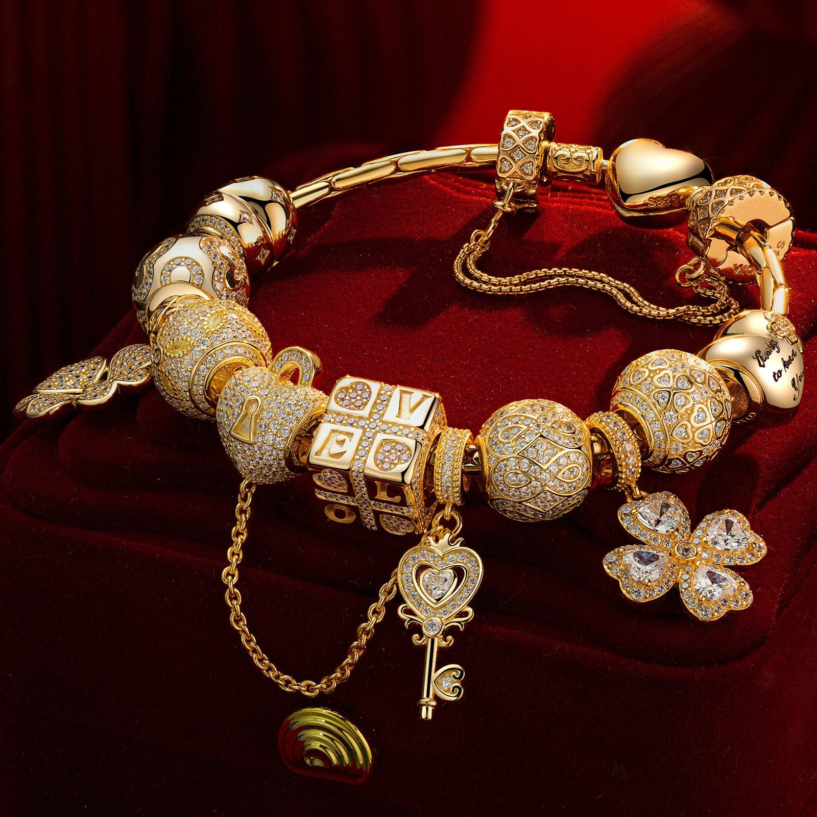 Sterling Silver May Love Luck and Happiness Charms Bracelet Set In 14K Gold Plated (Includes bracelet and all charms shown) - Image 3