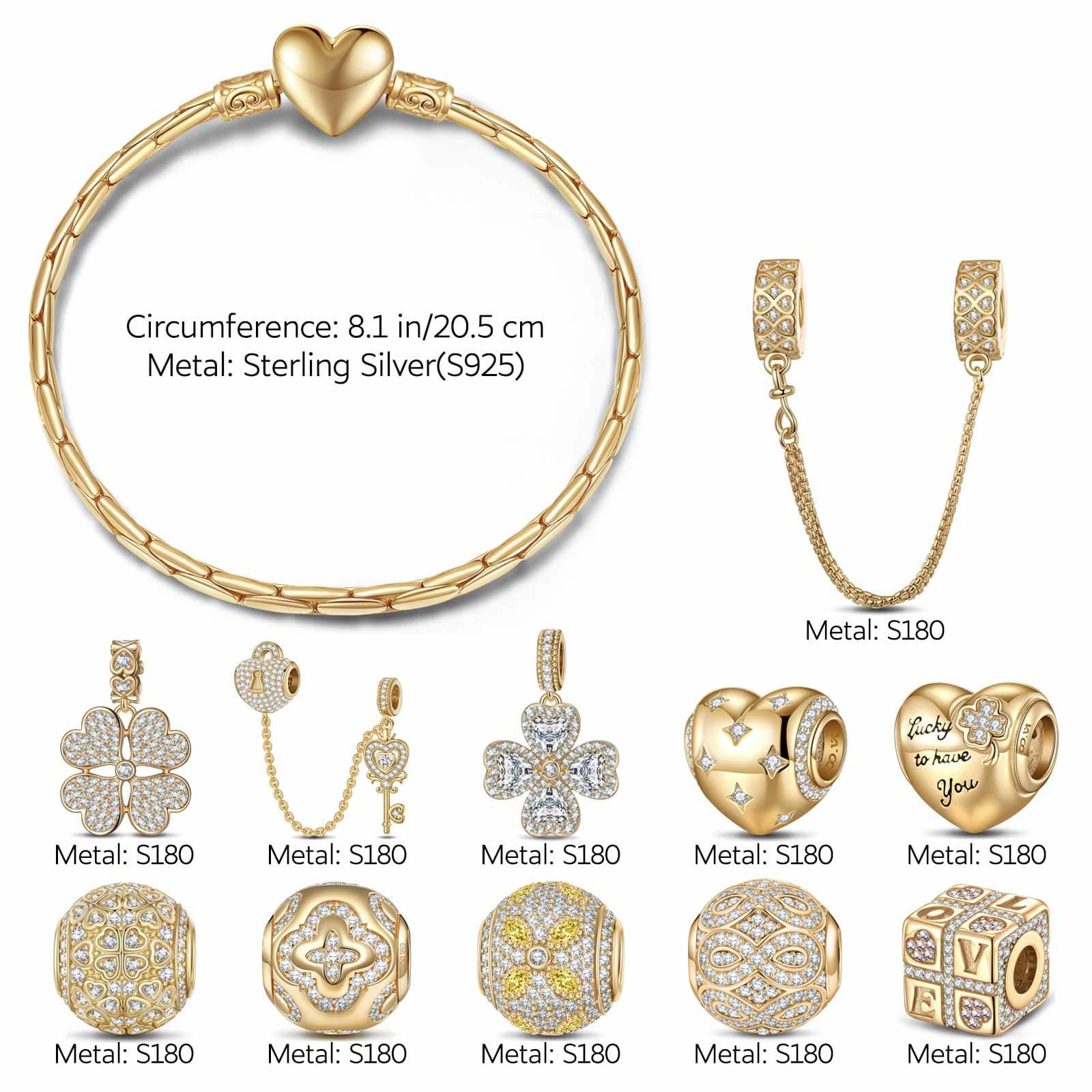 Sterling Silver May Love Luck and Happiness Charms Bracelet Set In 14K Gold Plated (Includes bracelet and all charms shown) - Image 2