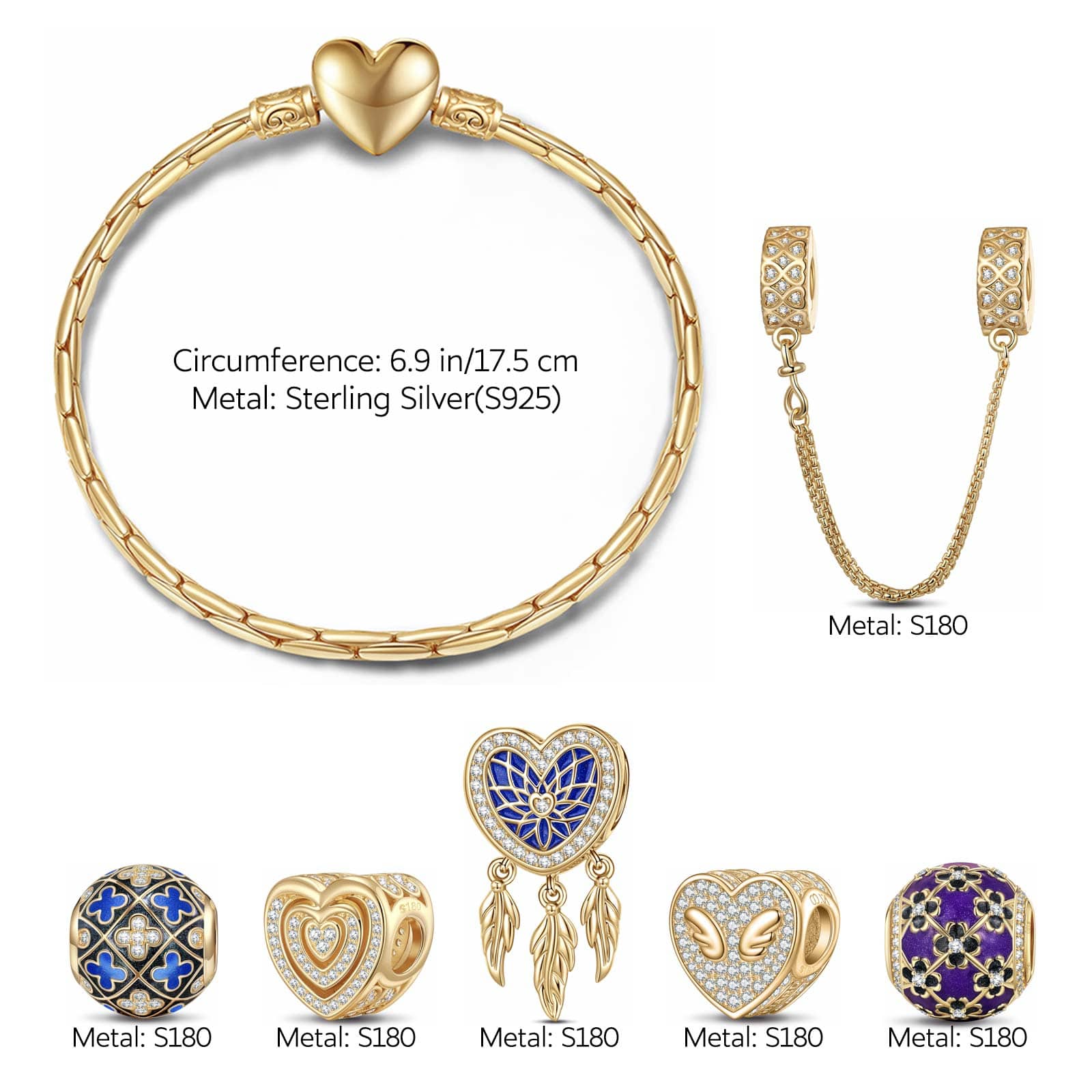 Sterling Silver Whimsical Romance Charms Bracelet Set With Enamel In 14K Gold Plated (Includes bracelet and all charms shown) - Image 4