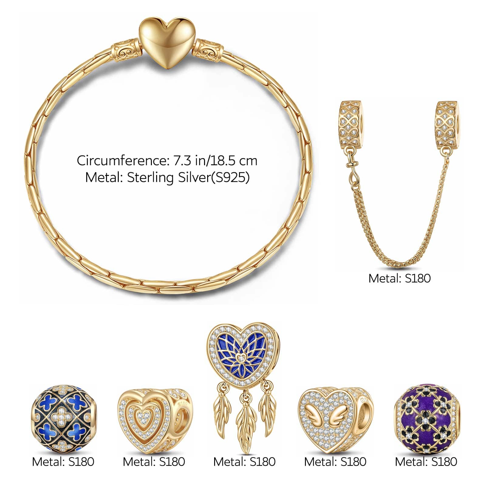 Sterling Silver Whimsical Romance Charms Bracelet Set With Enamel In 14K Gold Plated (Includes bracelet and all charms shown) - Image 4
