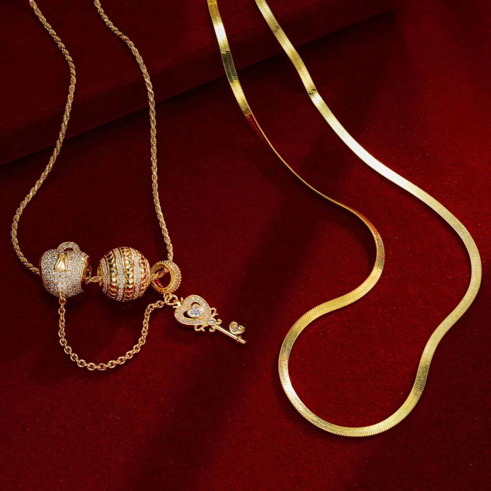 Sterling Silver Layered Necklaces Set: Flat Snake Chain and Twisted Rope Chain with the Key to My Heart Charms Necklaces Set In 14K Gold Plated - Image 5