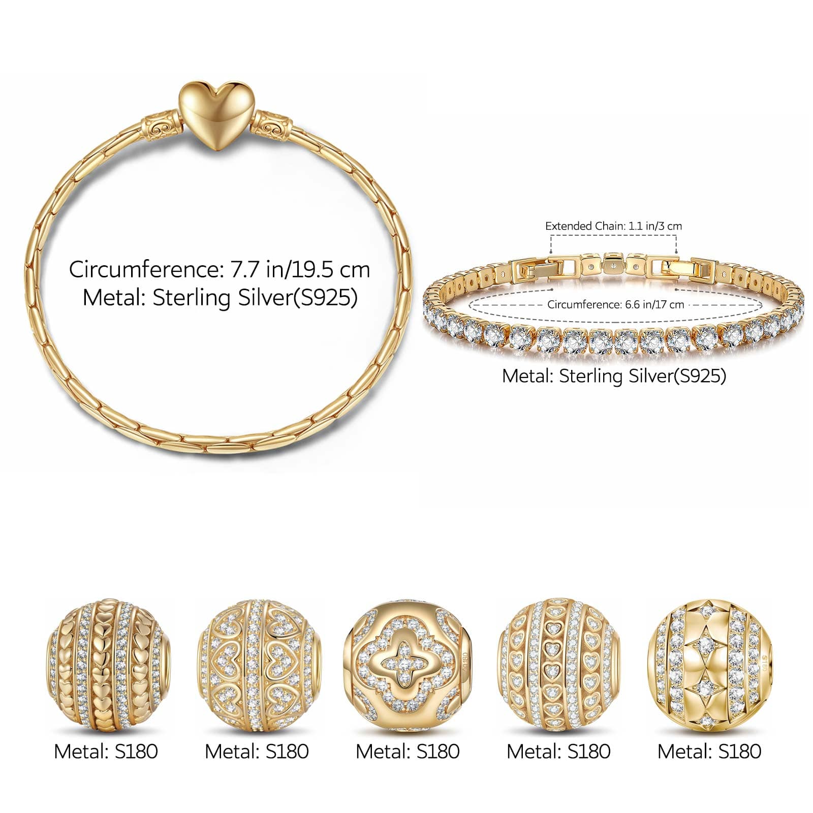 Sterling Silver Layered Bracelets Set: Tennis Bracelet and Endless Love Charms Bracelet Set In 14K Gold Plated (Includes bracelet and all charms shown) - Image 3