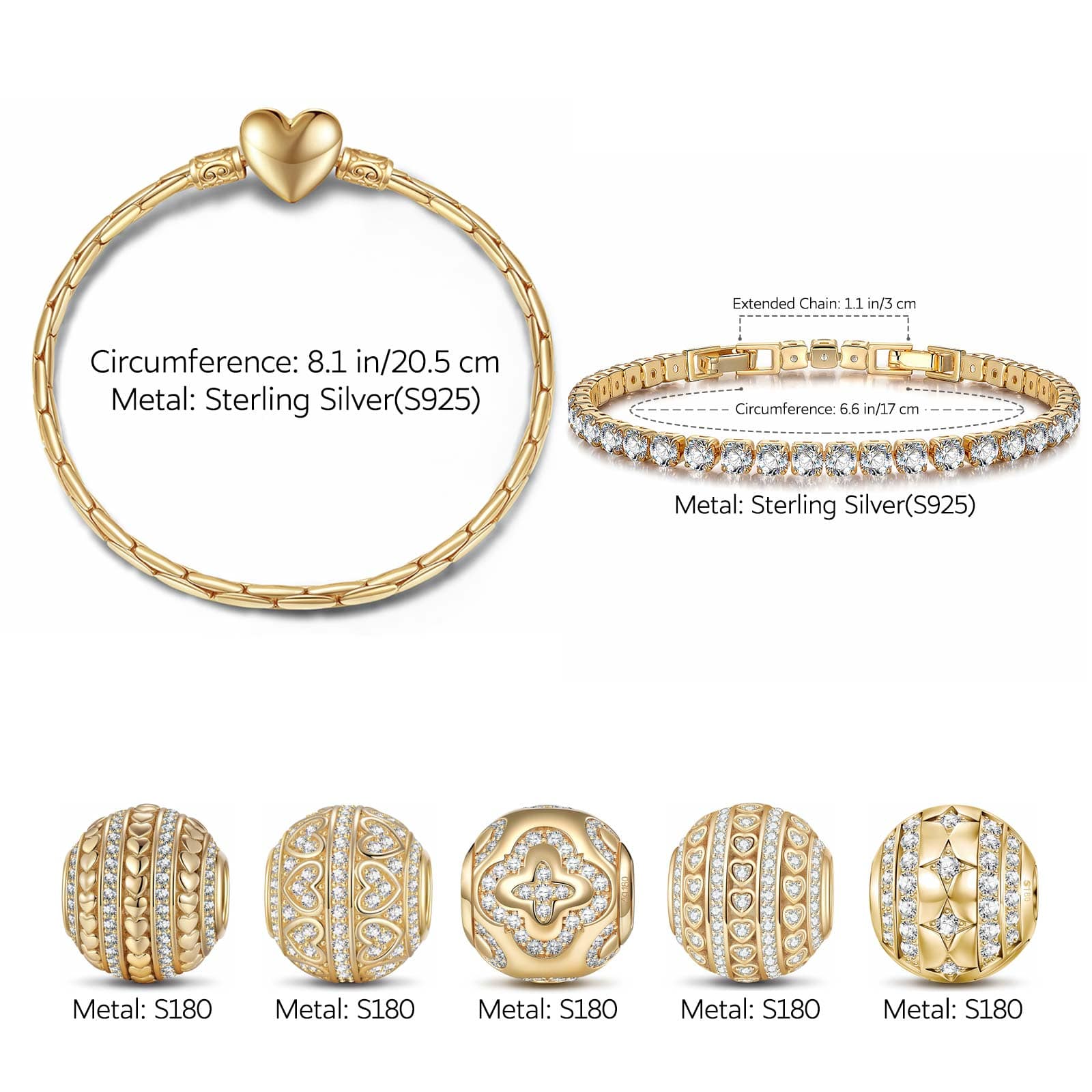 Sterling Silver Layered Bracelets Set: Tennis Bracelet and Endless Love Charms Bracelet Set In 14K Gold Plated (Includes bracelet and all charms shown) - Image 3
