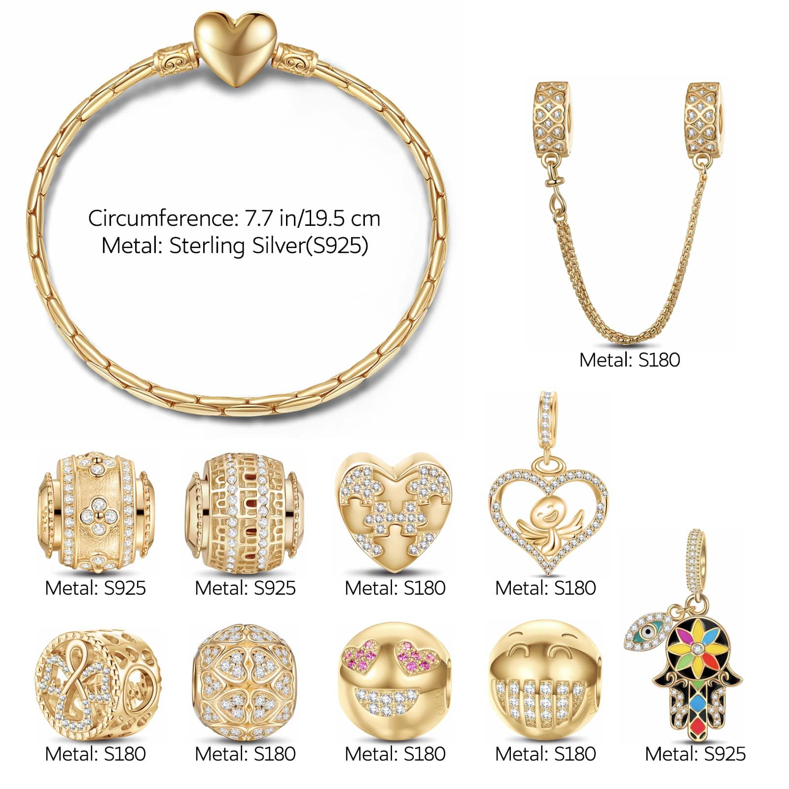 Sterling Silver Good Luck and Laugh Charms Bracelet Set With Enamel In 14K Gold Plated (Includes bracelet and all charms shown) - Image 2