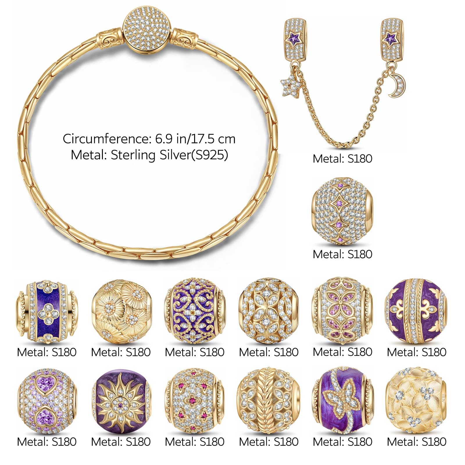 Sterling Silver Romantic Blossoming Sanctuary Charms Bracelet Set With Enamel In 14K Gold Plated (Includes bracelet and all charms shown) - Image 2