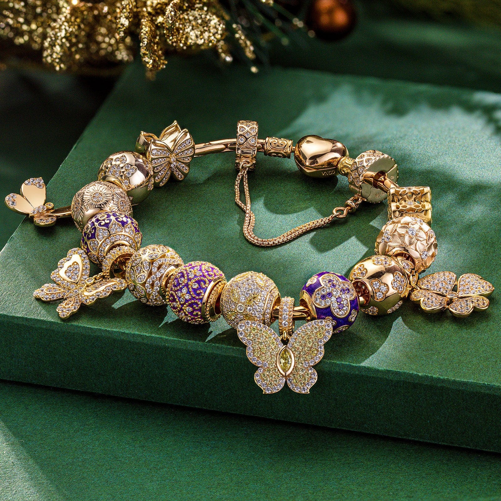 Shimmering Butterfly Sterling Silver Charms Bracelet Set With Enamel In 14K Gold Plated (Includes bracelet and all charms shown) - Image 8