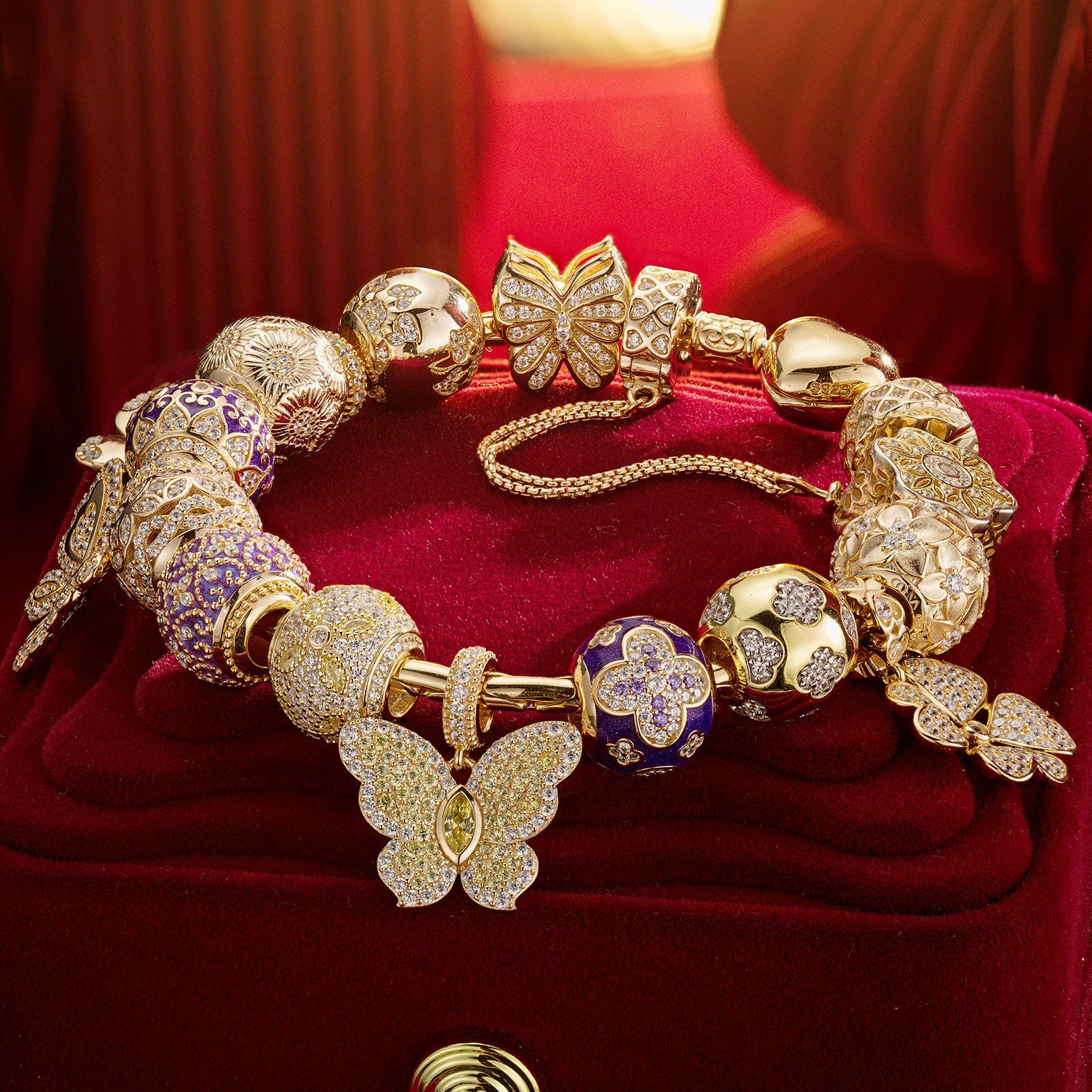 Shimmering Butterfly Sterling Silver Charms Bracelet Set With Enamel In 14K Gold Plated (Includes bracelet and all charms shown) - Image 2
