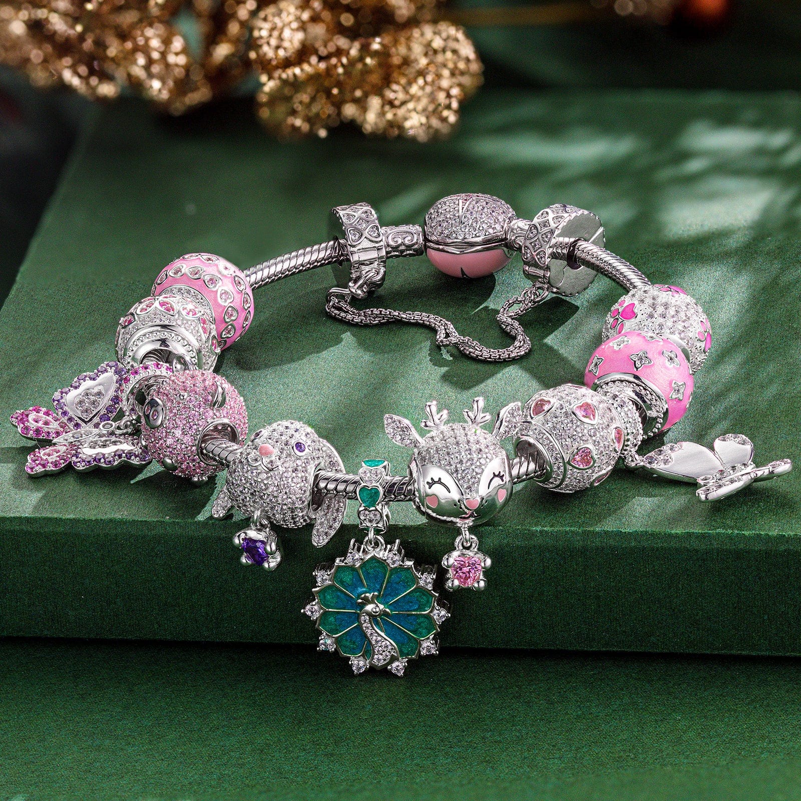 Rosy Whimsy Sterling Silver Animals Charms Bracelet Set With Enamel In White Gold Plated (Includes bracelet and all charms shown) - Image 2