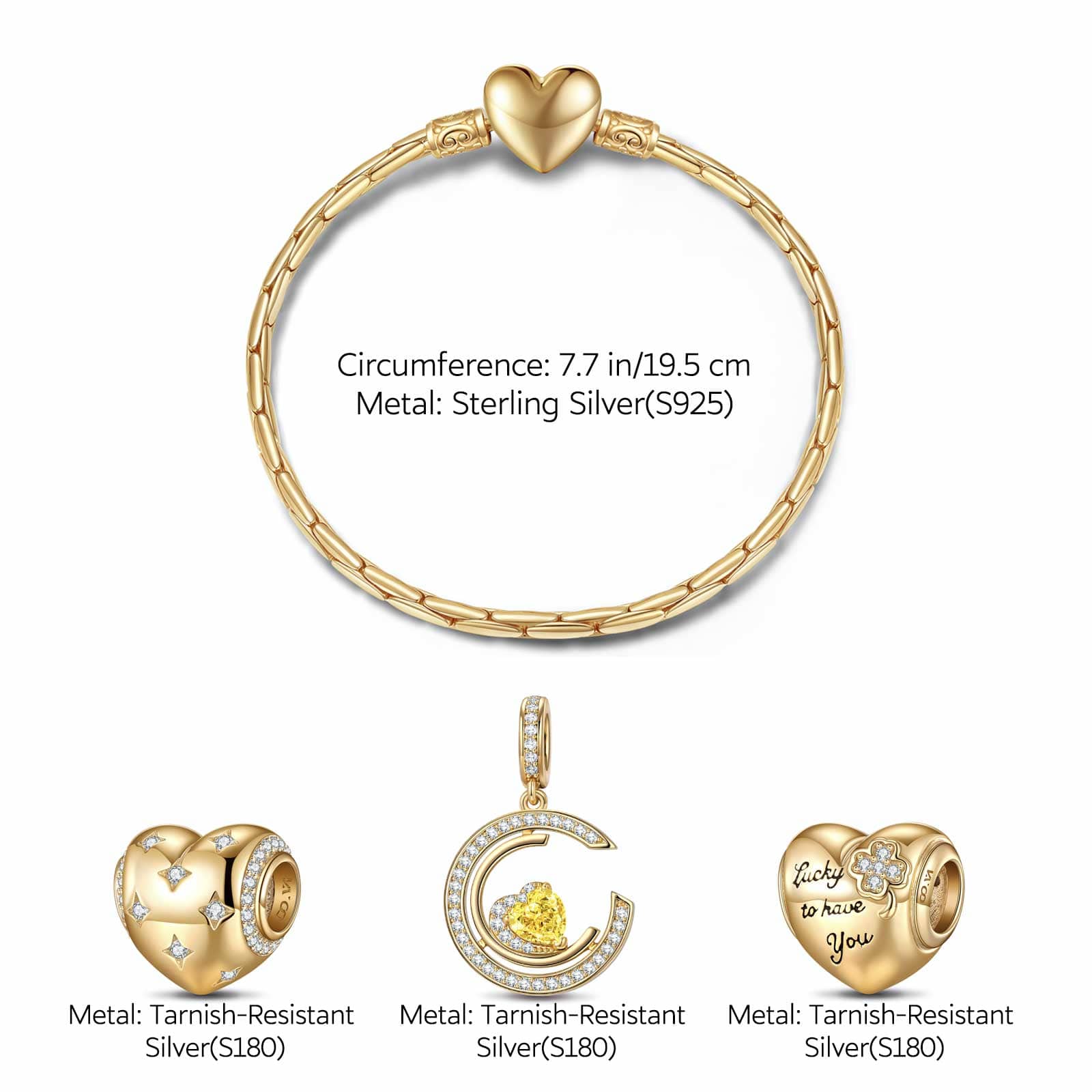 Sterling Silver Gleaming Affection Charms Bracelet Set In 14K Gold Plated (Includes bracelet and all charms shown) - Image 3