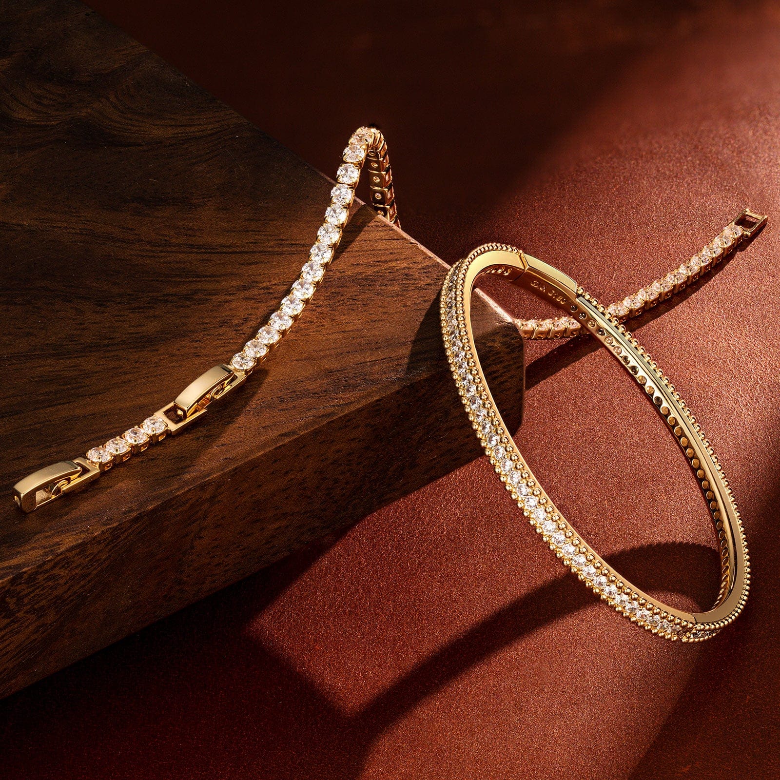 Sterling Silver Layered Bracelets Set: Tennis Bracelet and Bangle Bracelet Set In 14K Gold Plated - Image 4