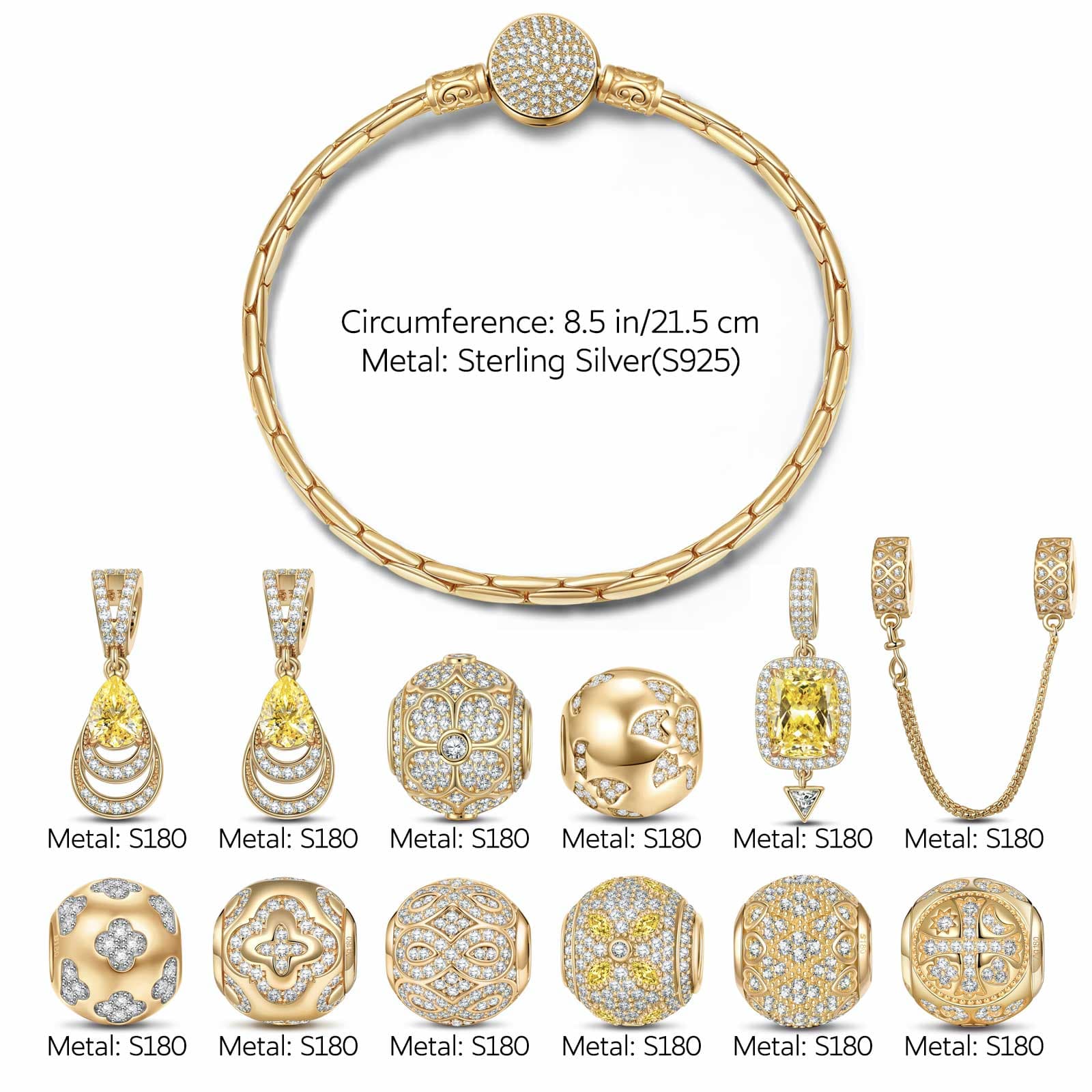 Sterling Silver Clover's Golden Glow Charms Bracelet Set In 14K Gold Plated (Includes bracelet and all charms shown) - Image 3